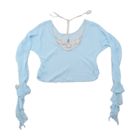Times End Beaded Crochet Neck Sheer Blue Blouse