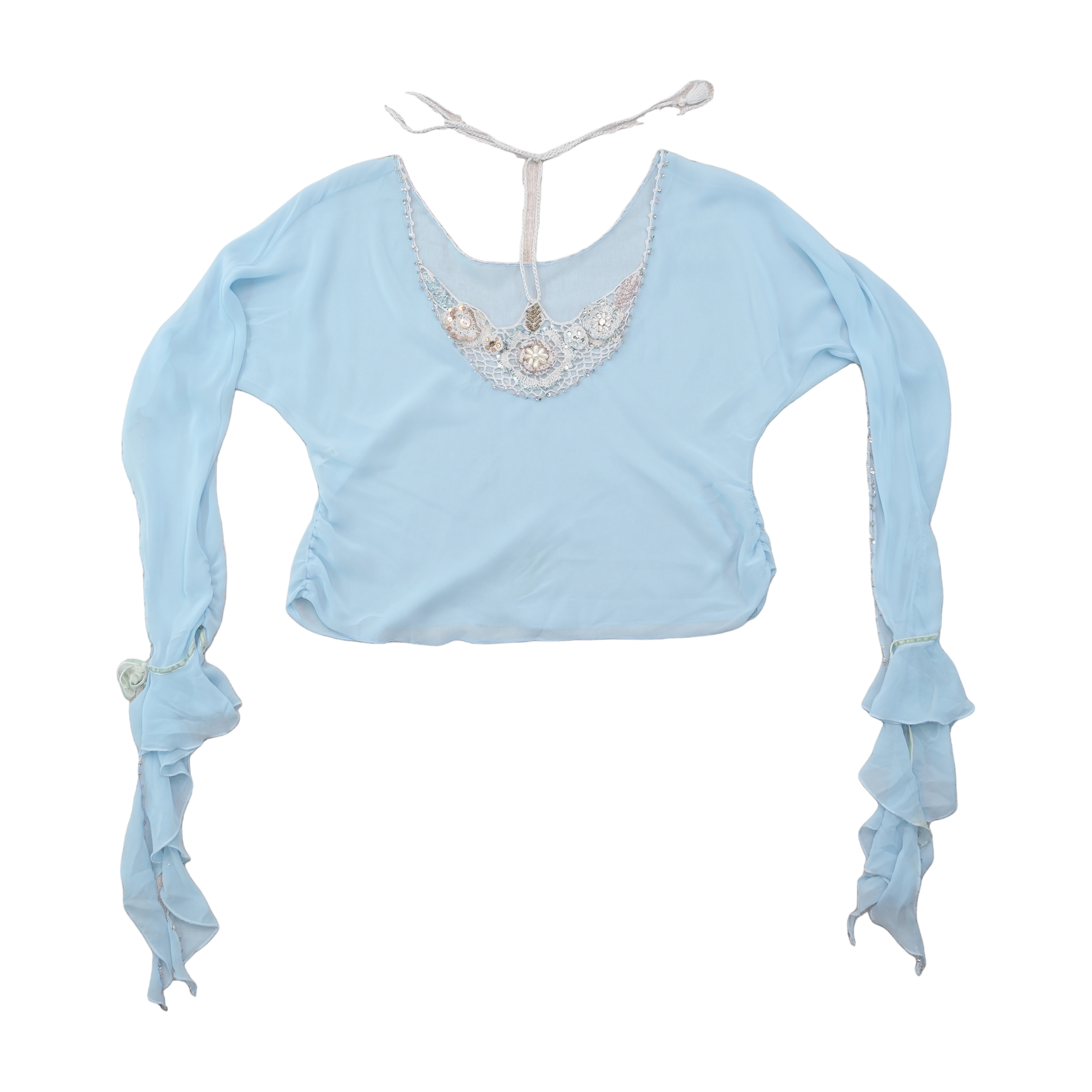 Times End Beaded Crochet Neck Sheer Blue Blouse