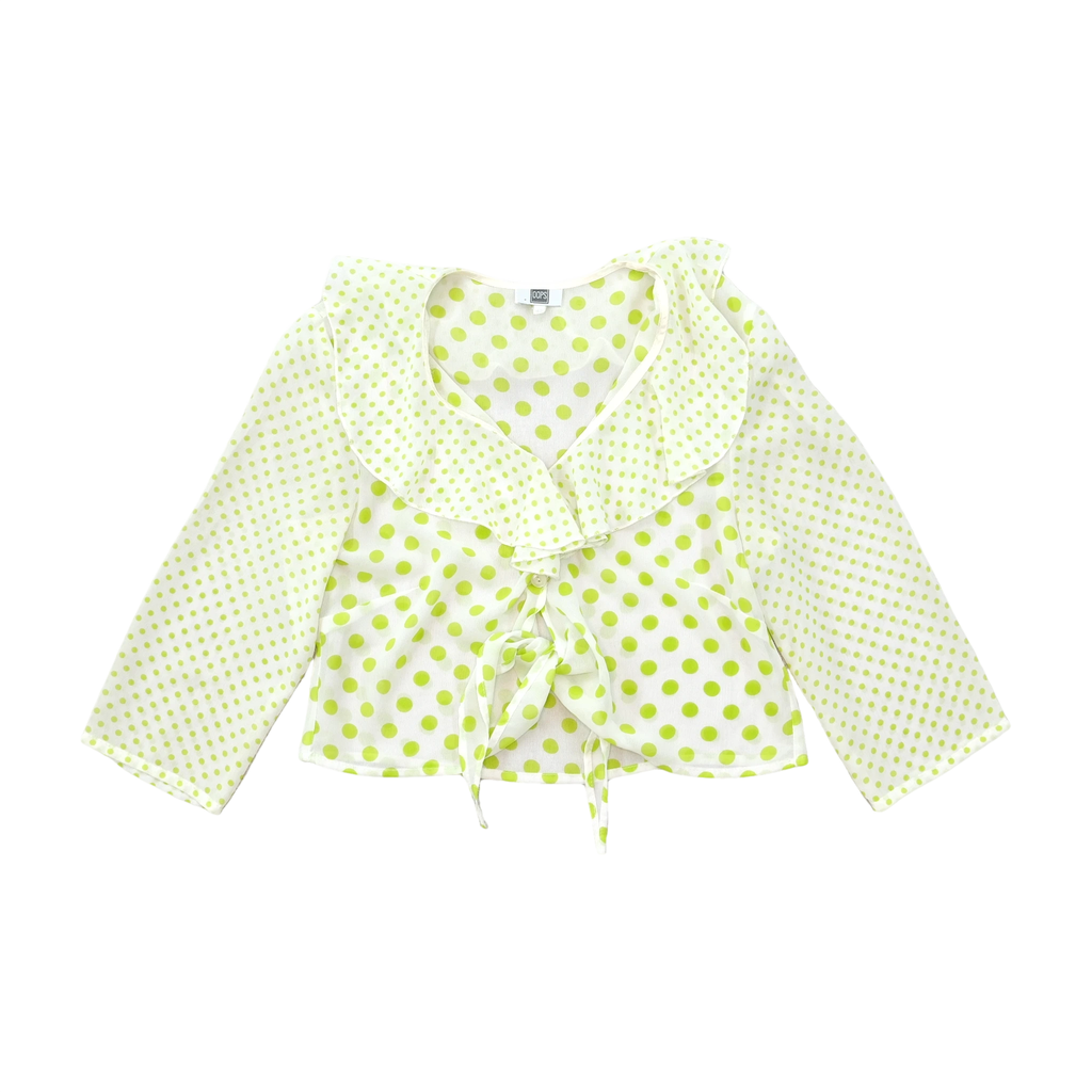 White & Lime Green Polka Dot Tie-Front Ruffle Collar Blouse