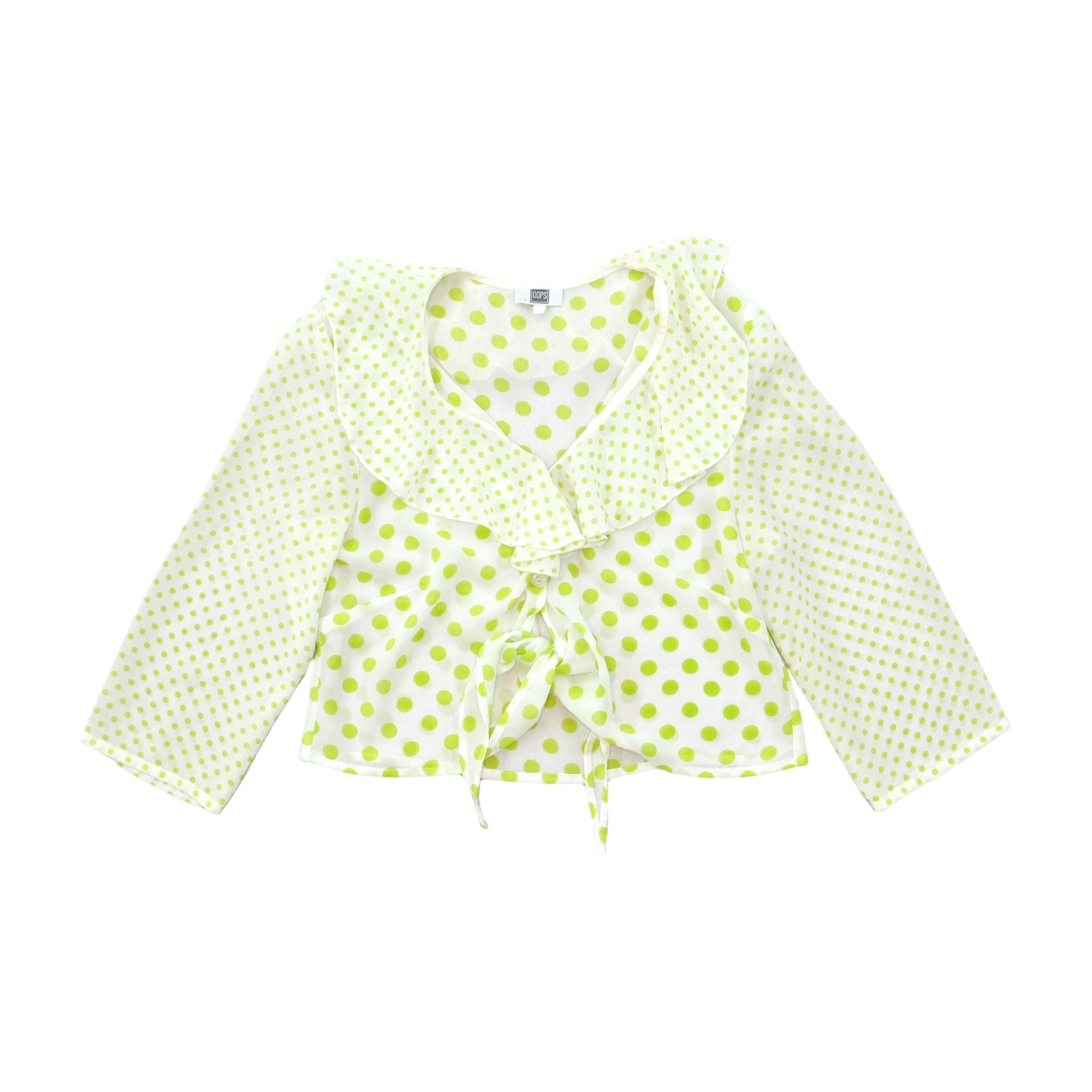 White & Lime Green Polka Dot Tie-Front Ruffle Collar Blouse