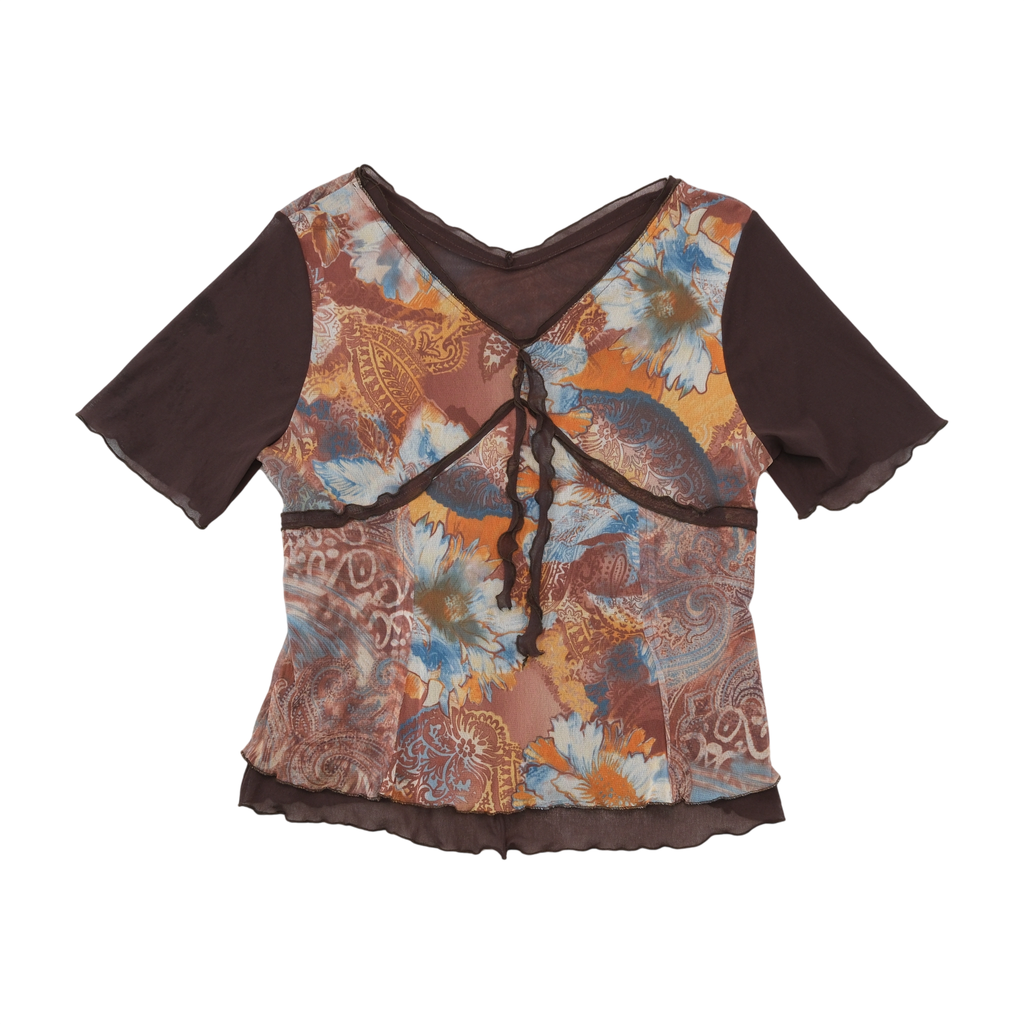 Y2K Sheer Floral Paisley Tie Front Mesh Blouse (Repriced)