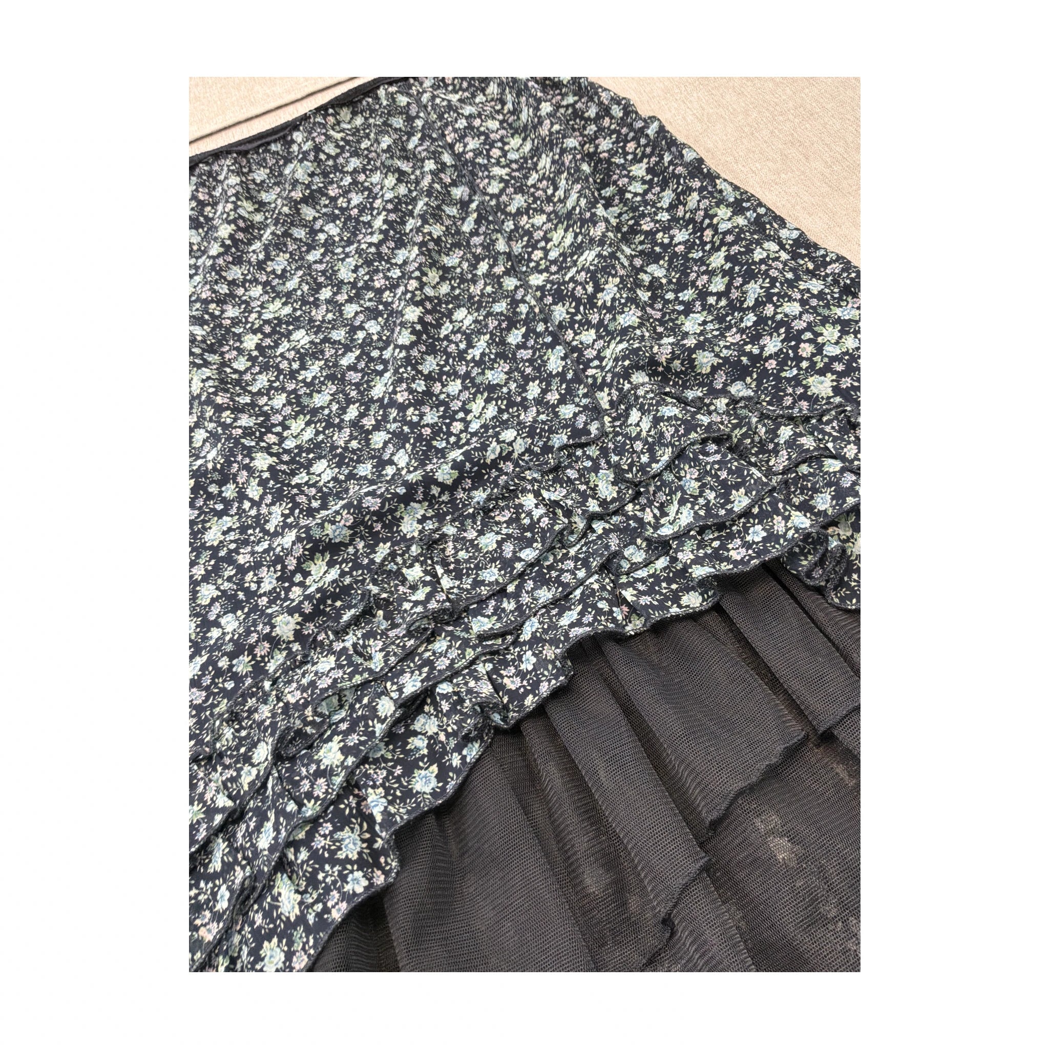 Marie Méro Floral High-Low Ruffle Hem Midi Skirt