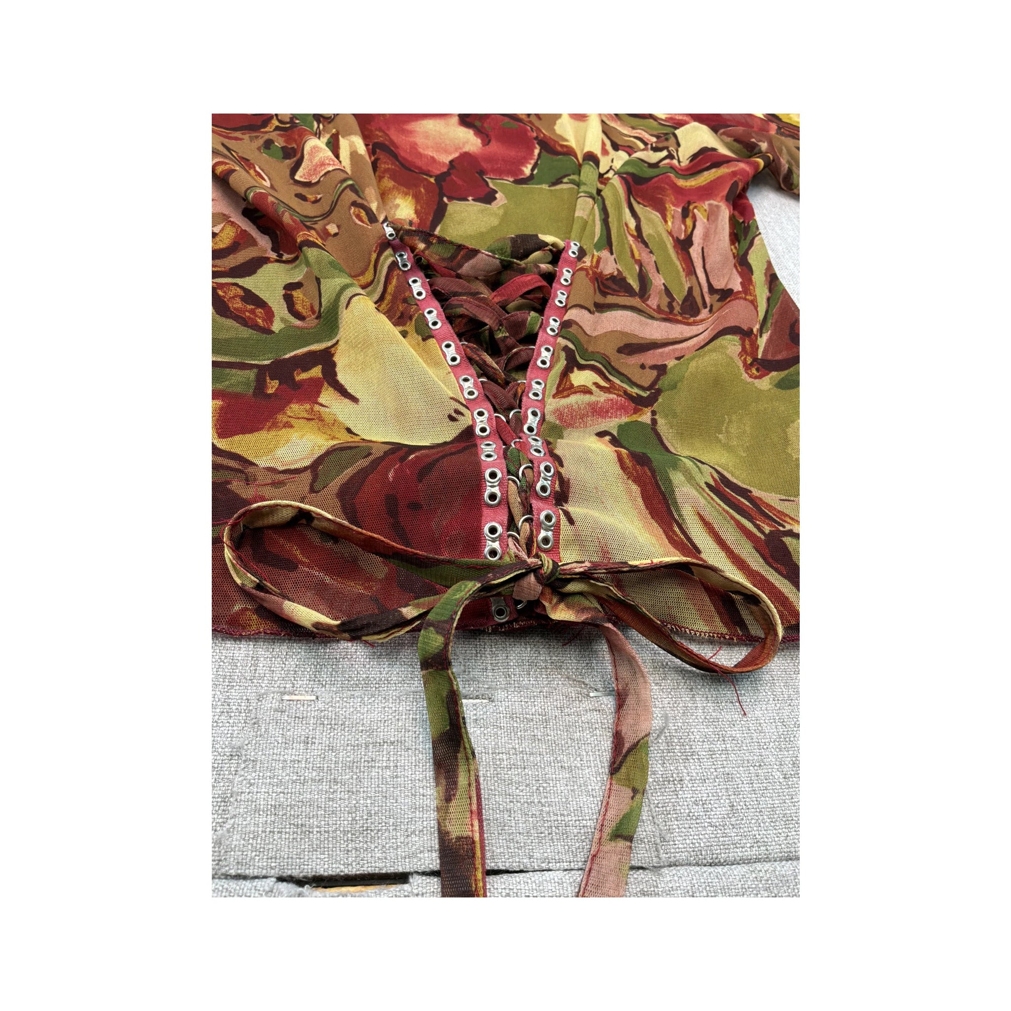 Made in Italy Tropical Print Lace Up Mesh Blouse