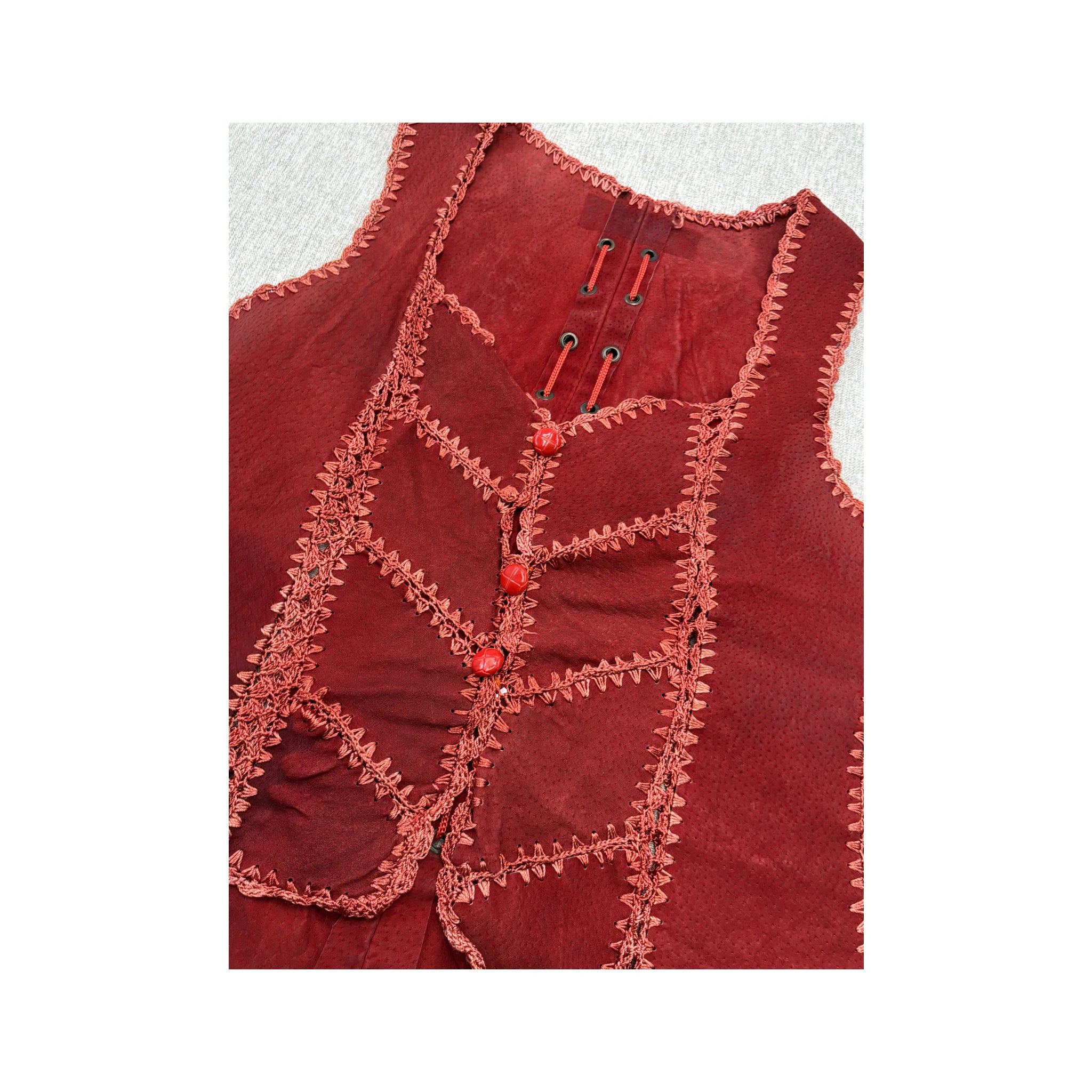 Vintage Red Patchwork Stitch Sleeveless Jacket