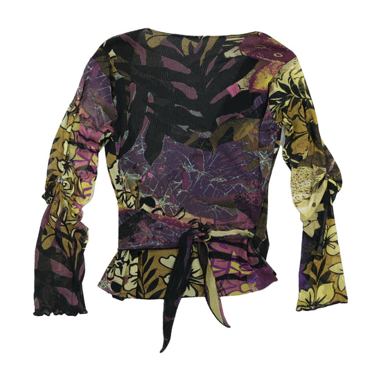 Blusa Cruzada Transparente roxa em Rede com estampado floral abstrato e Cintura de Atar