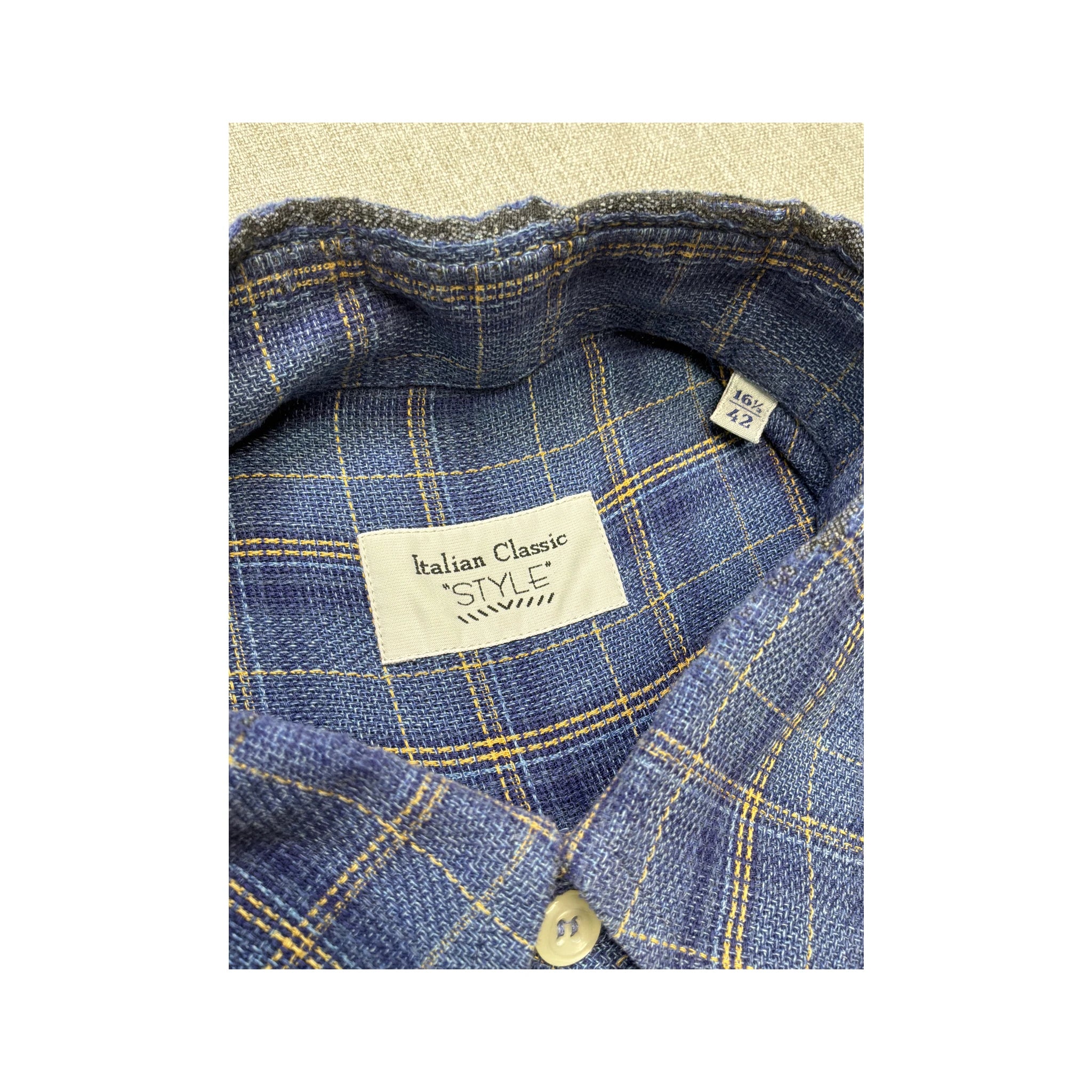 Camisa de Estilo Clássico Italiano azul em xadrez de Manga curta com Botões
