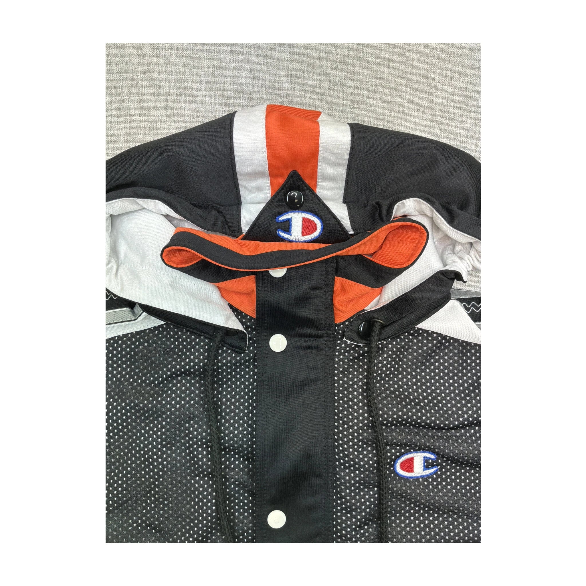 Champion Snap-Front Hooded Short Sleeve Windbreaker Jacket - Black/White/Orange