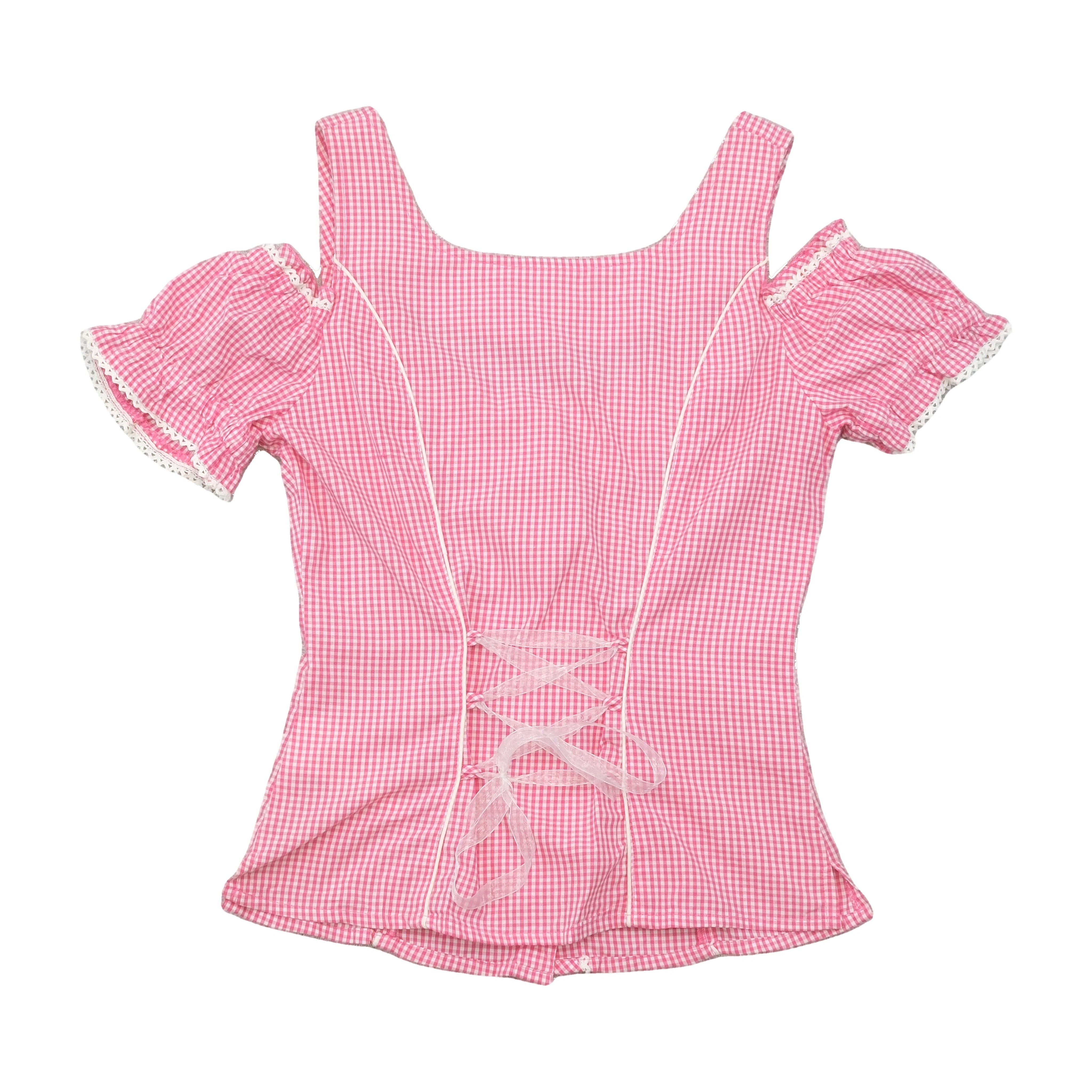 Landgewand Pink Gingham Lace Trim Embroidered Cotton Blouse