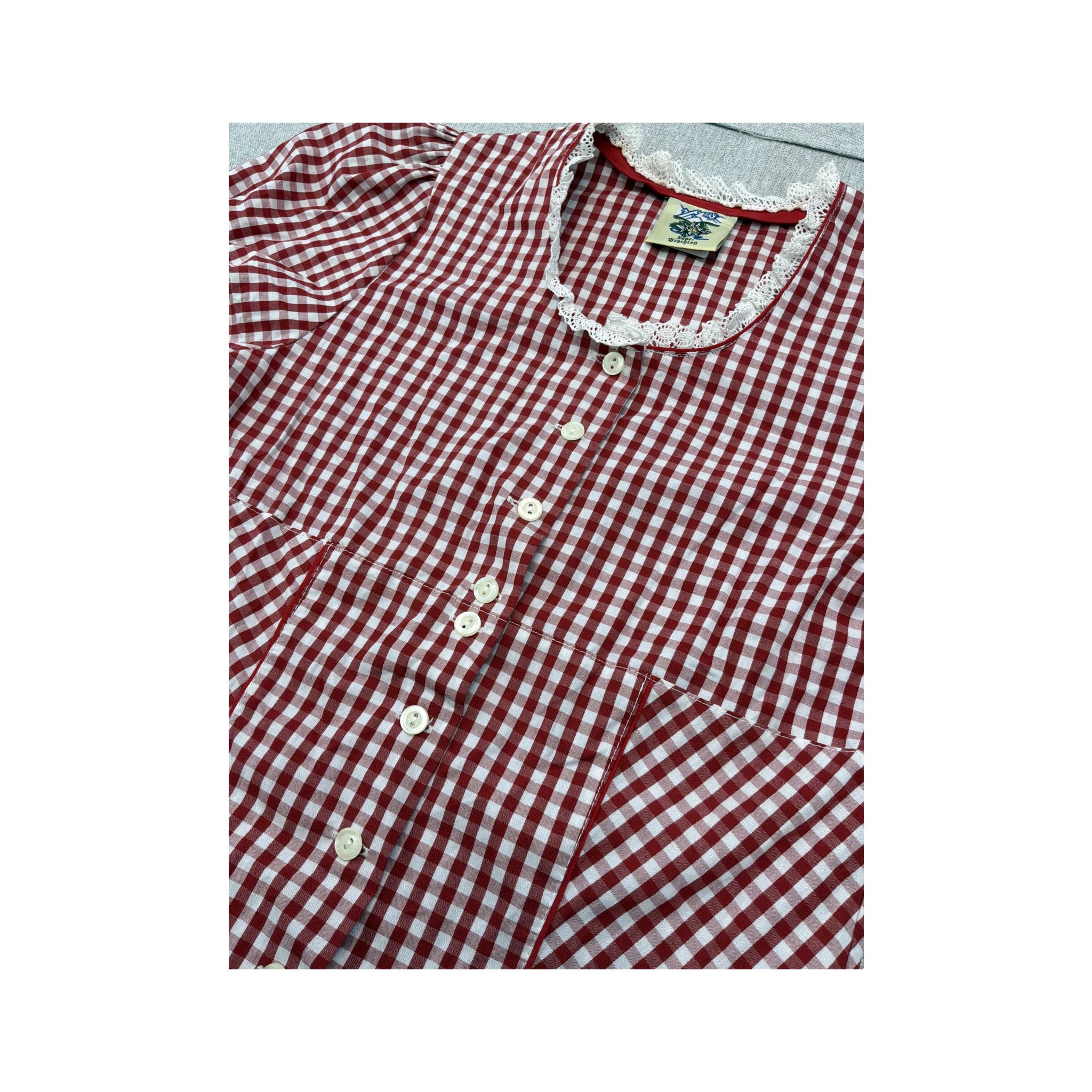 Vintage Red Gingham Puff Sleeve Cotton Blouse