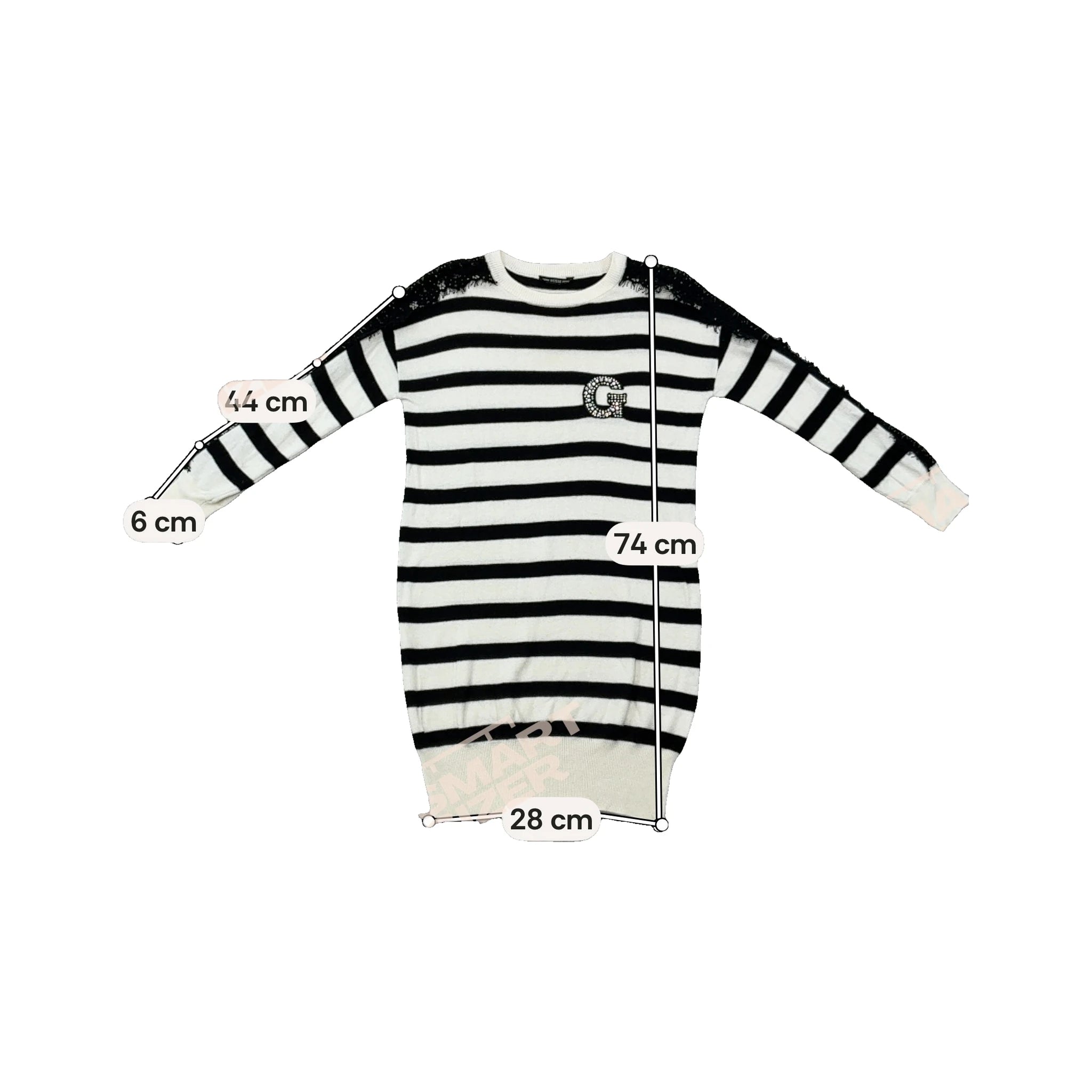 Guess Black and White Striped Lace-Trim Rhinestone G Knit Sweater