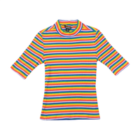 Monki Rainbow Striped Ribbed Cotton Mock Neck T-Shirt