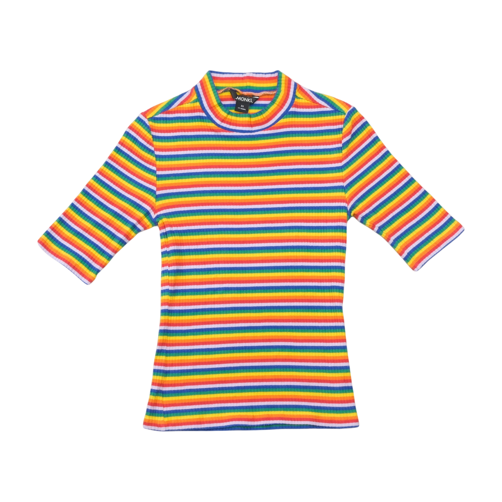 Monki Rainbow Striped Ribbed Cotton Mock Neck T-Shirt