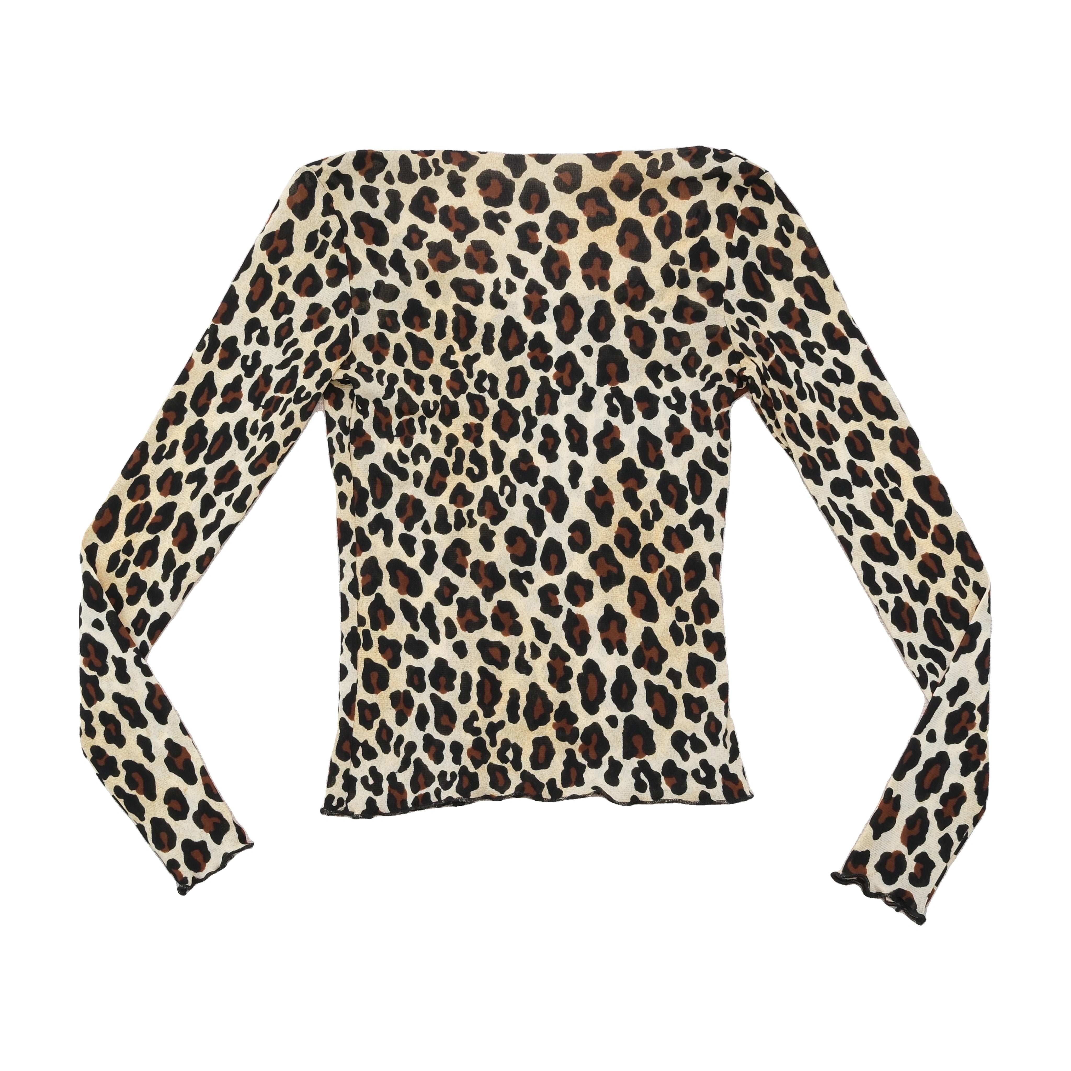 Leopard Print Sheer Mesh Long Sleeve Blouse