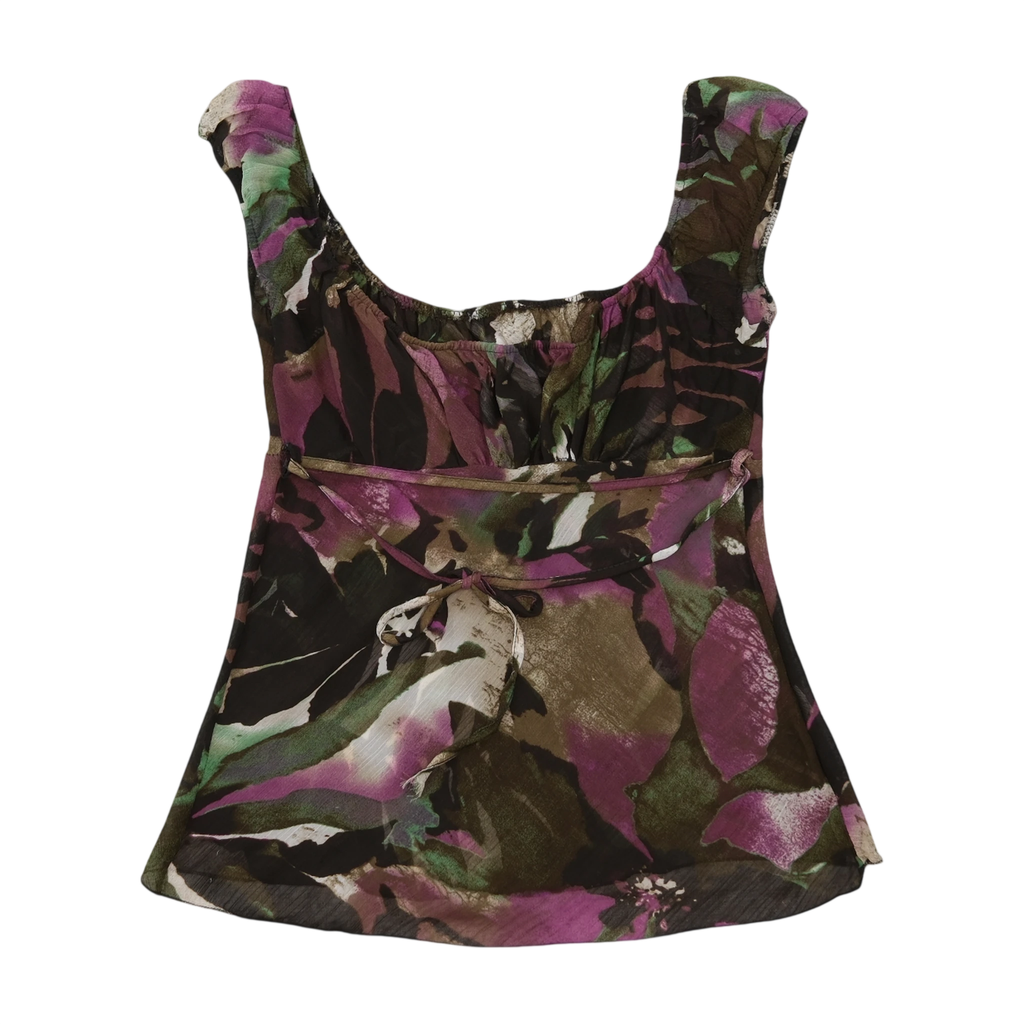 Purple & Green Floral Chiffon Babydoll Tank Top with Waist Tie