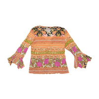 Blusa Max-w de Manga de Sino com riscas florais e Acabamento em Crochet