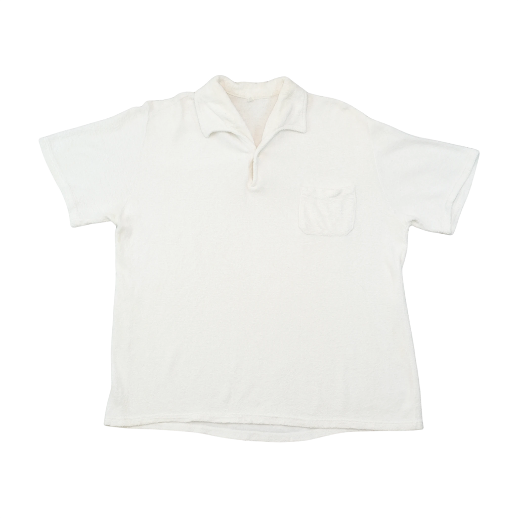 Vintage White Short Sleeve Fleece Polo Shirt with Chest Pocket