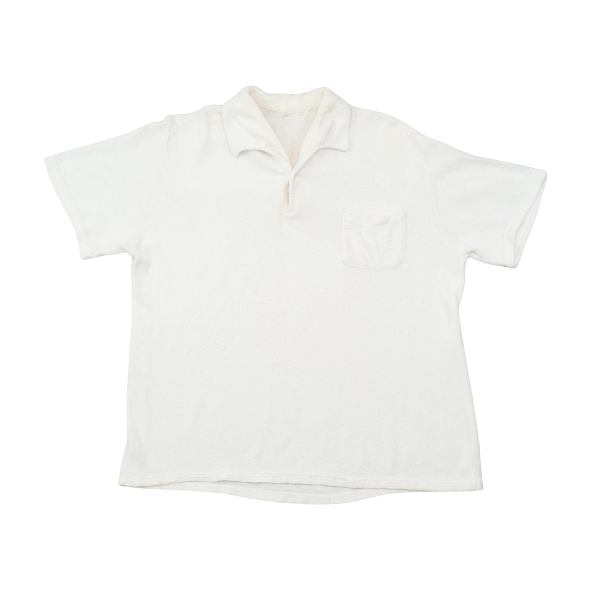 Vintage White Short Sleeve Fleece Polo Shirt with Chest Pocket