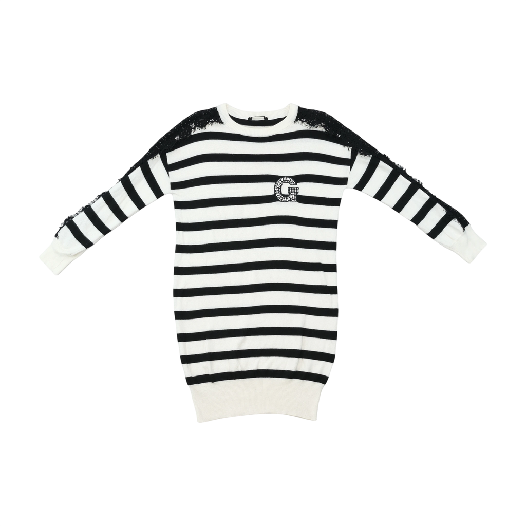 Guess Black and White Striped Lace-Trim Rhinestone G Knit Sweater