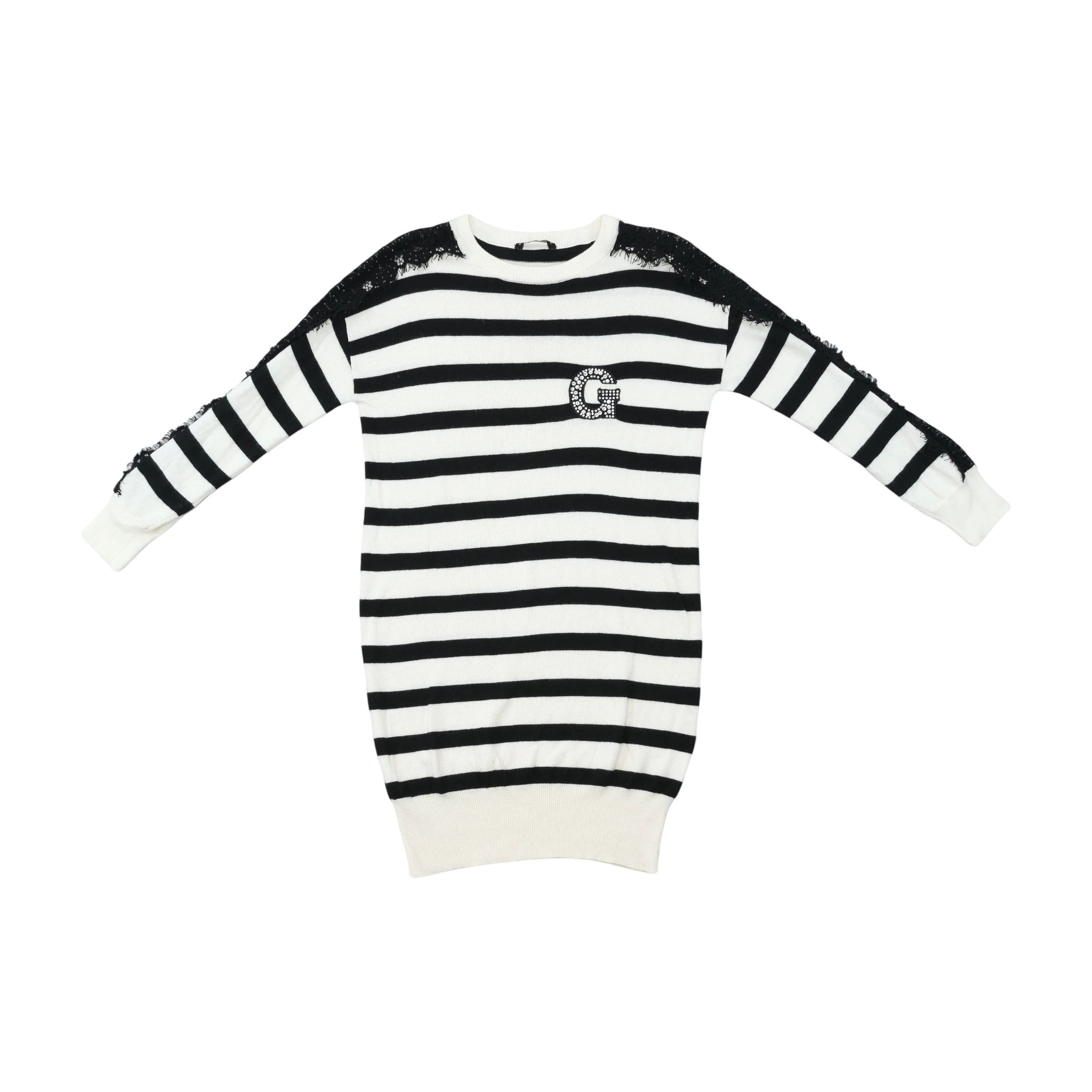 Guess Black and White Striped Lace-Trim Rhinestone G Knit Sweater