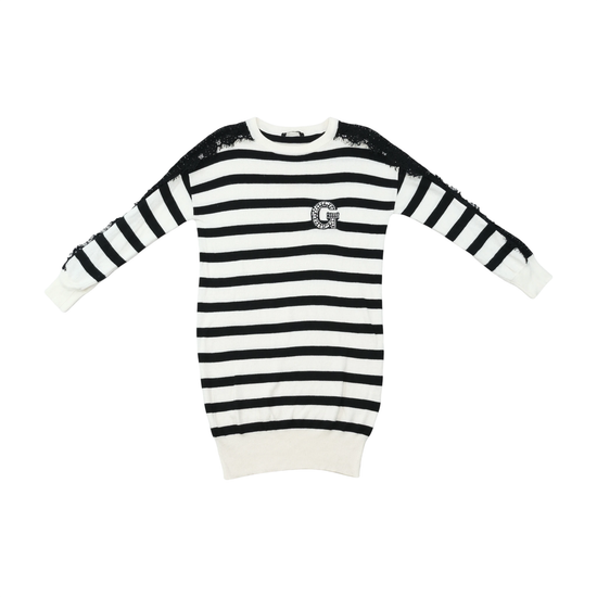 Guess Black and White Striped Lace-Trim Rhinestone G Knit Sweater