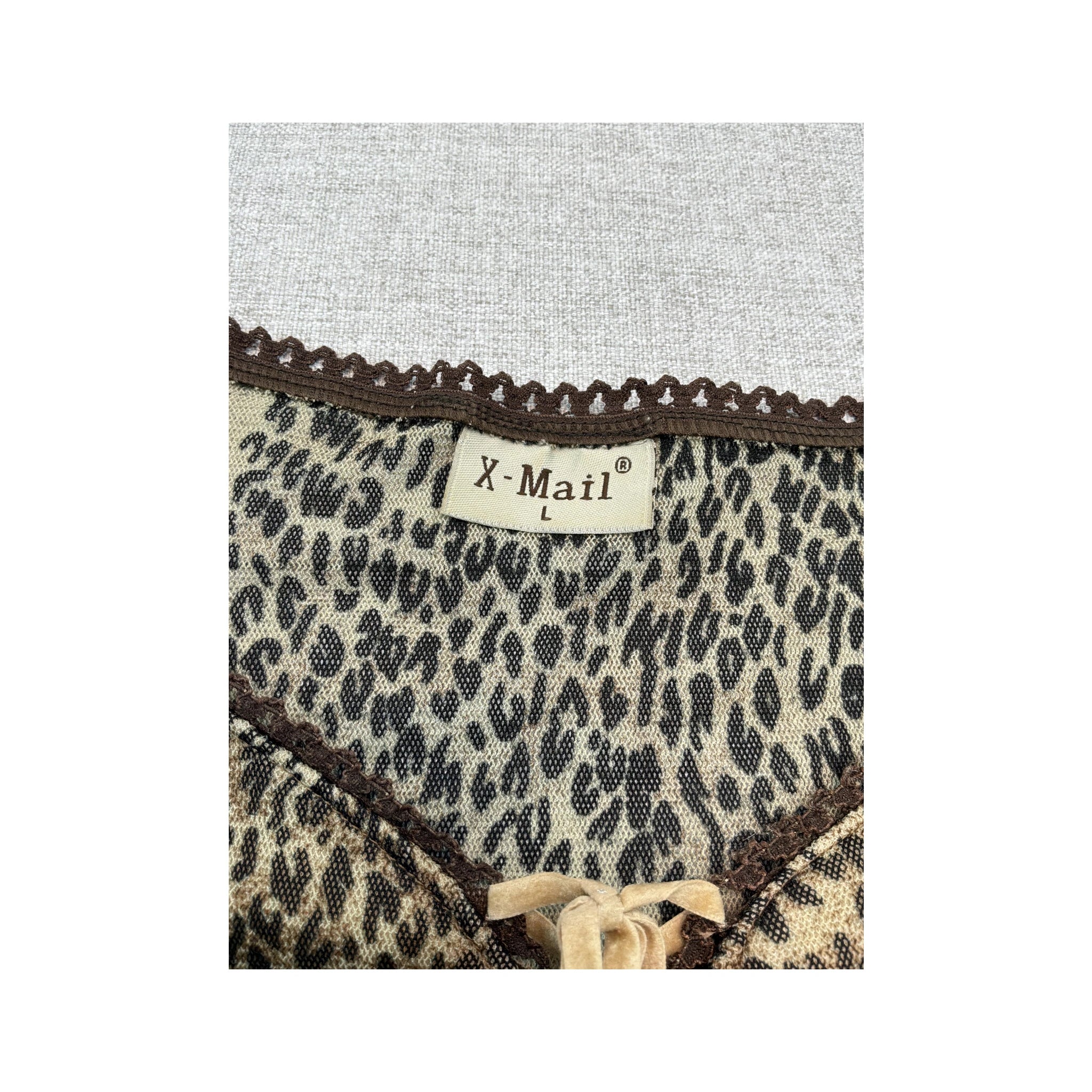 X-Mail Abstract Animal Print Lace-Up Mesh Blouse (Repriced)