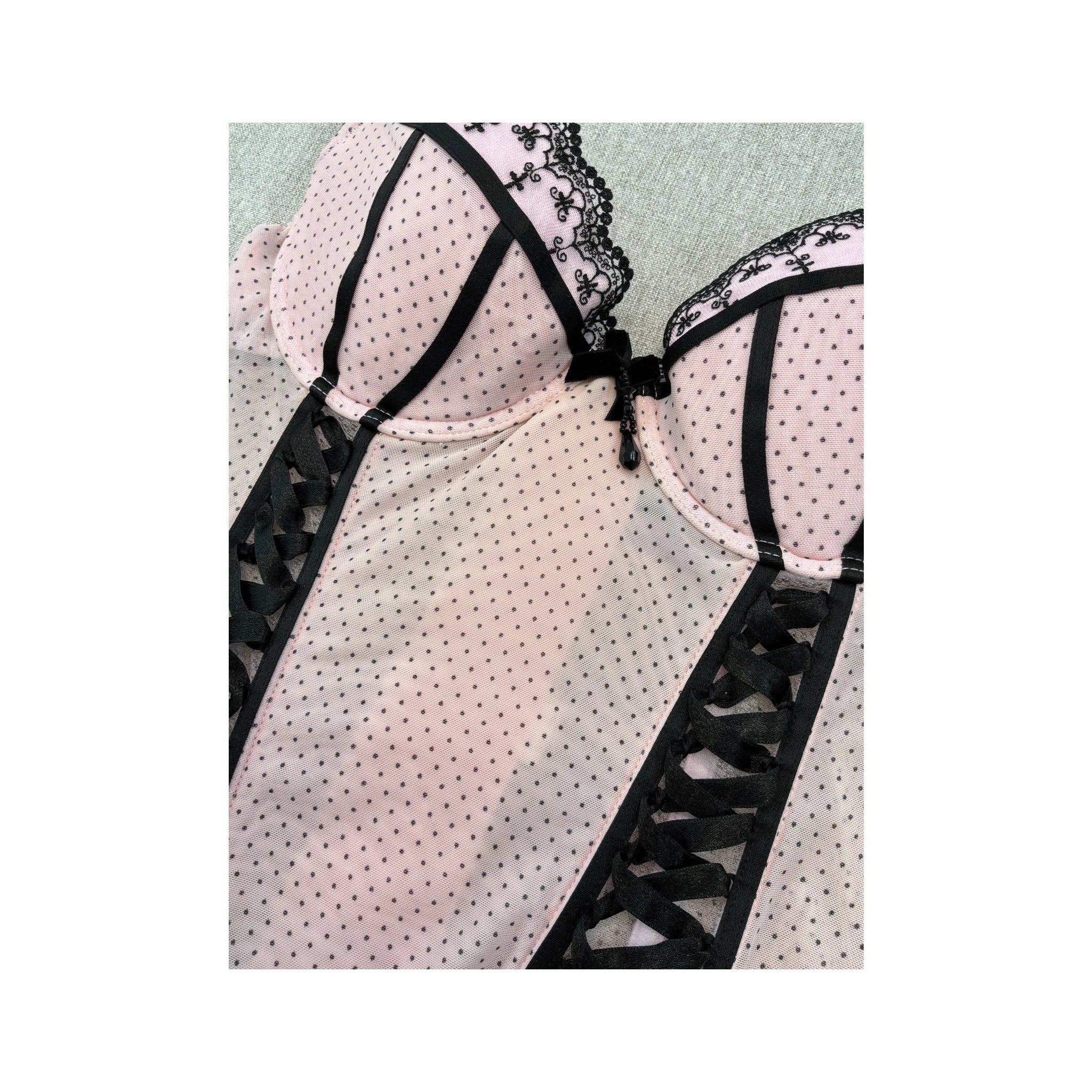 Vintage Pink Polka Dot Lace Trim Ribbon Lace-Up Bustier Tank Top