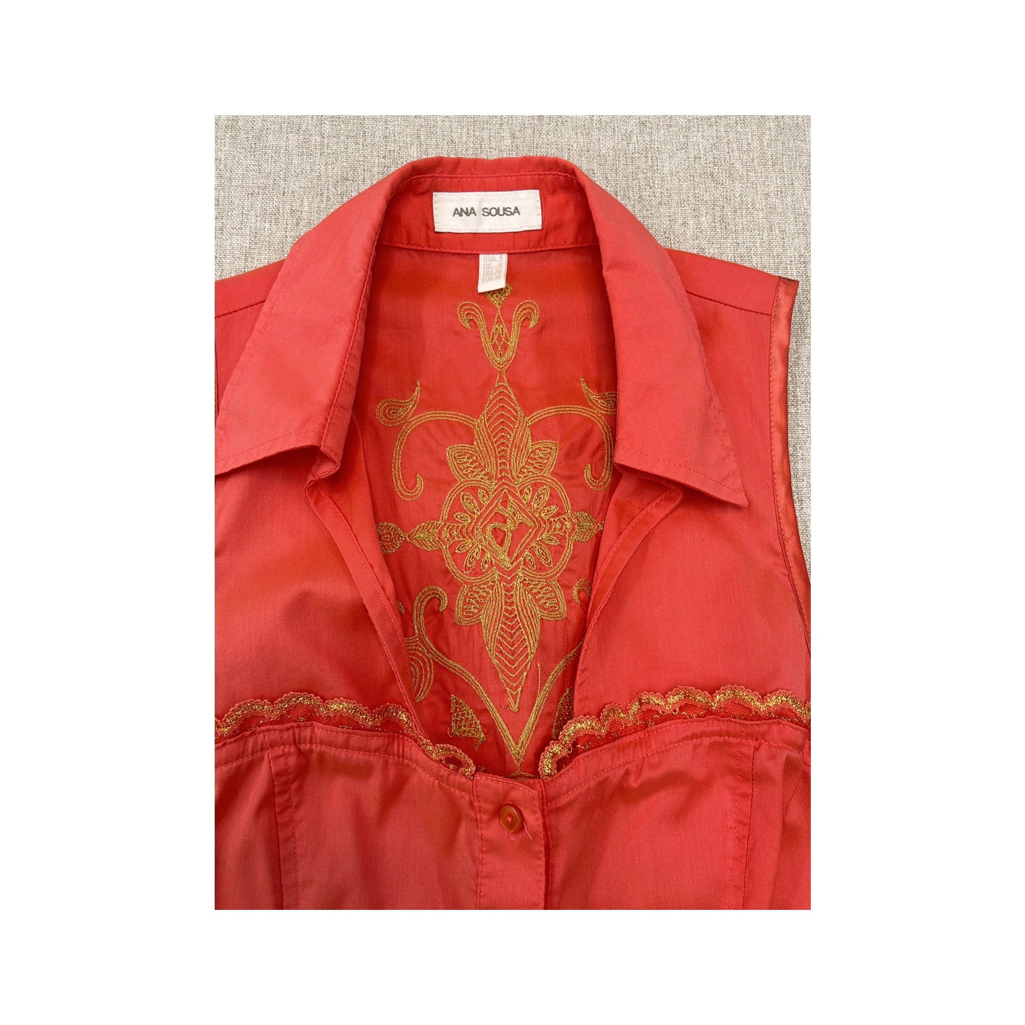 ANA SOUSA Embroidered Metallic Appliqué Sleeveless Button-Up Blouse