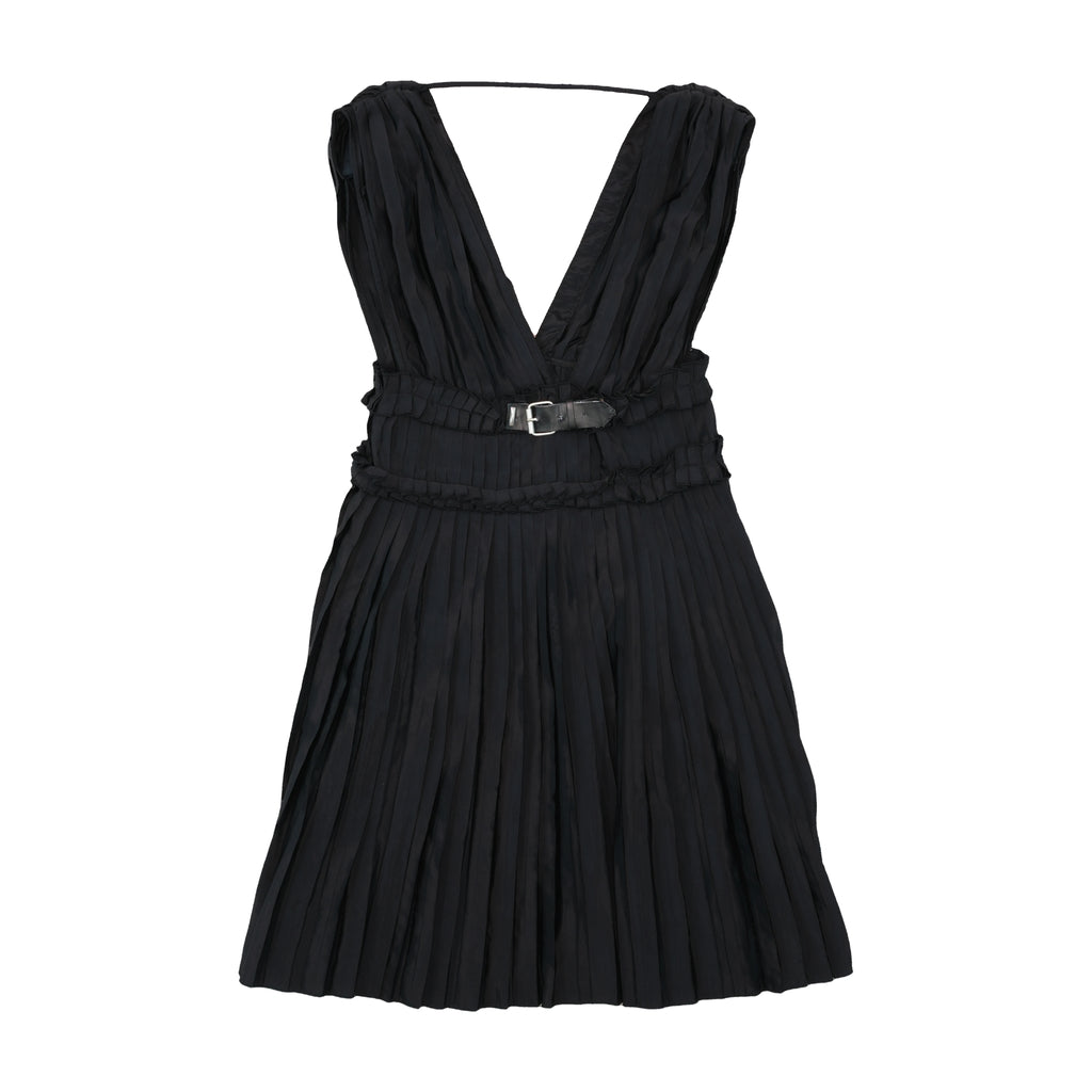 Miss Sixty Pinstripe Pleated Sleeveless Belted V-Neck Dress