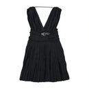 Miss Sixty Pinstripe Pleated Sleeveless Belted V-Neck Dress