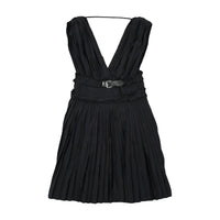 Miss Sixty Pinstripe Pleated Sleeveless Belted V-Neck Dress