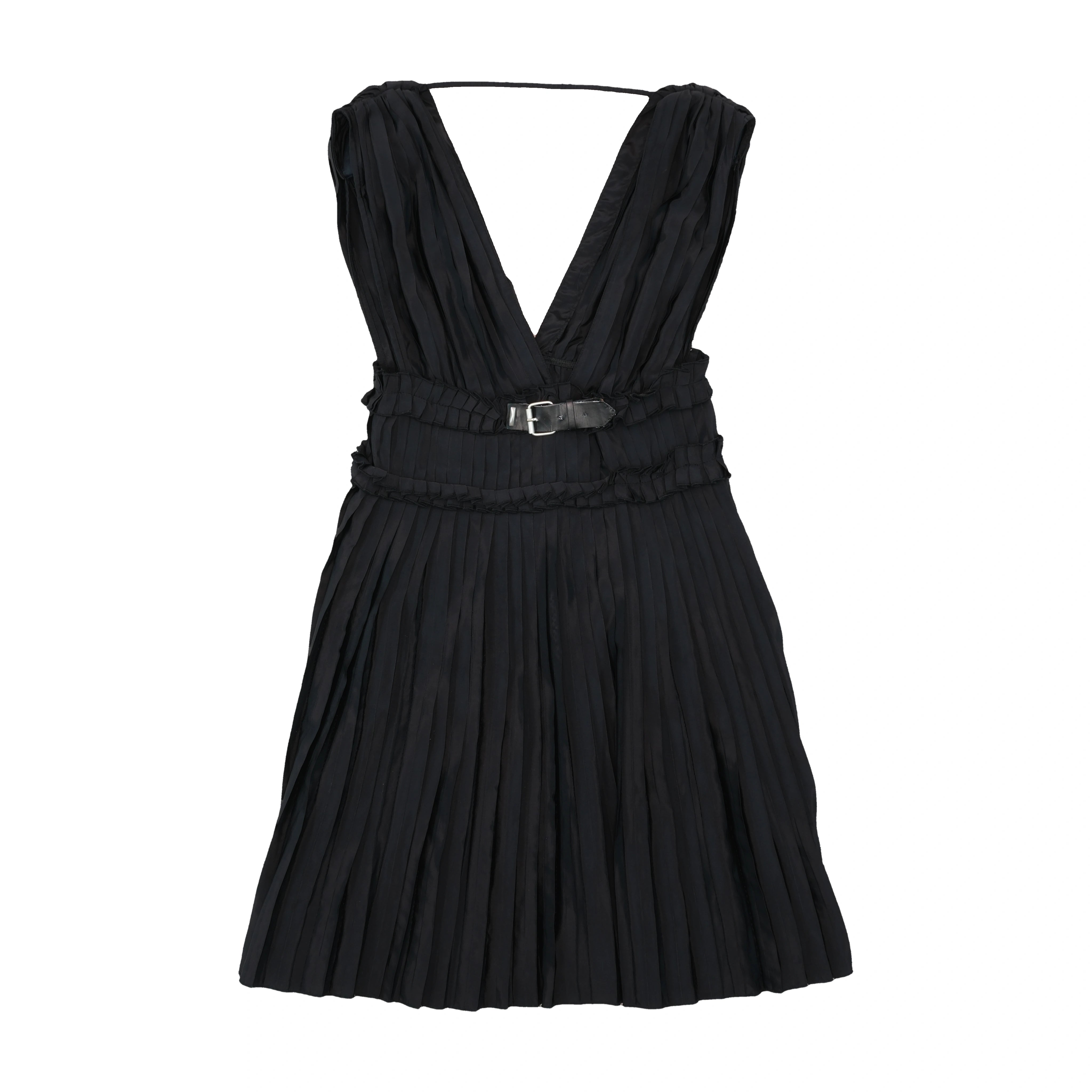 Miss Sixty Pinstripe Pleated Sleeveless Belted V-Neck Dress