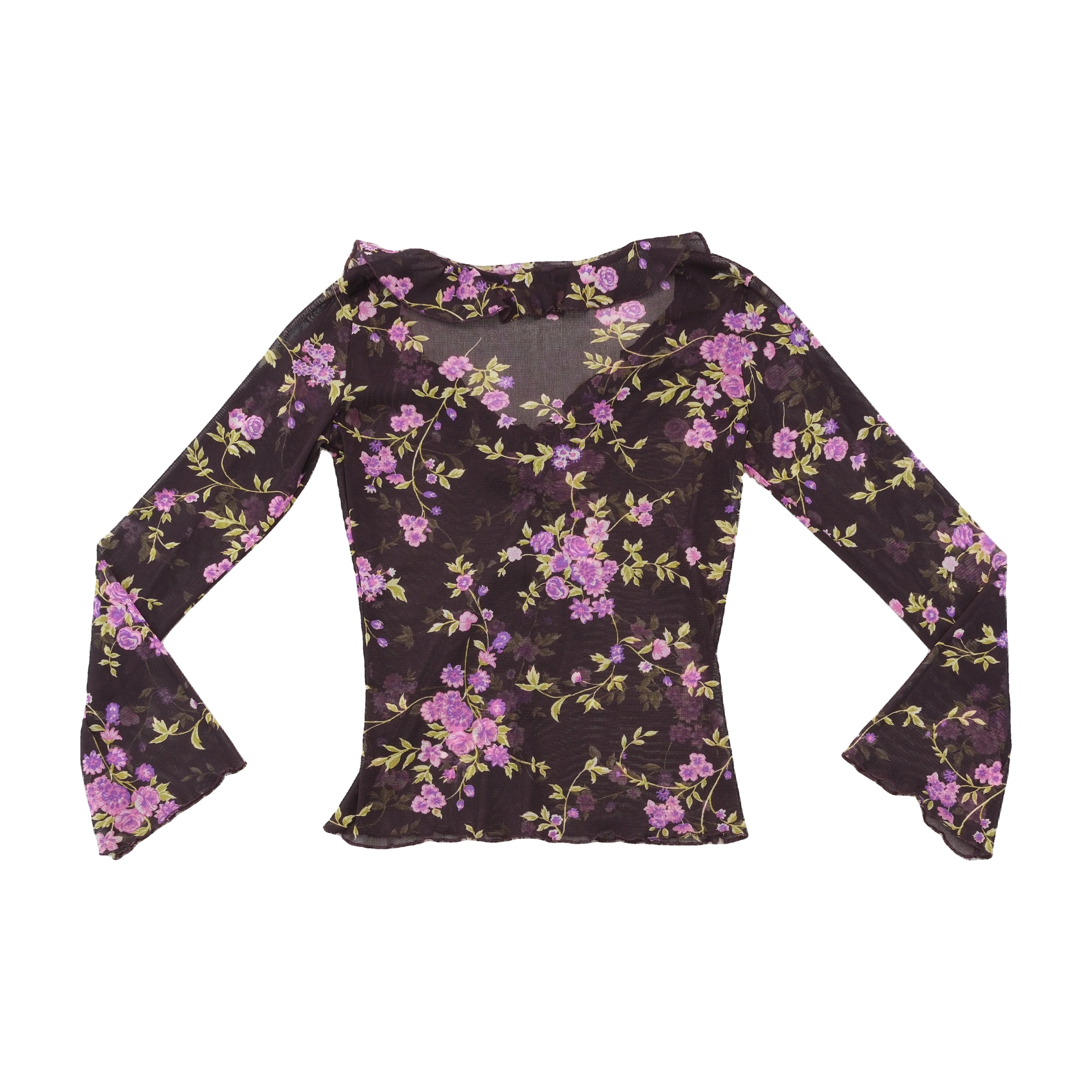 Vintage Sheer Floral Ruffle Tie Front Blouse