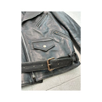 Vintage Black Leather Belted Moto Jacket