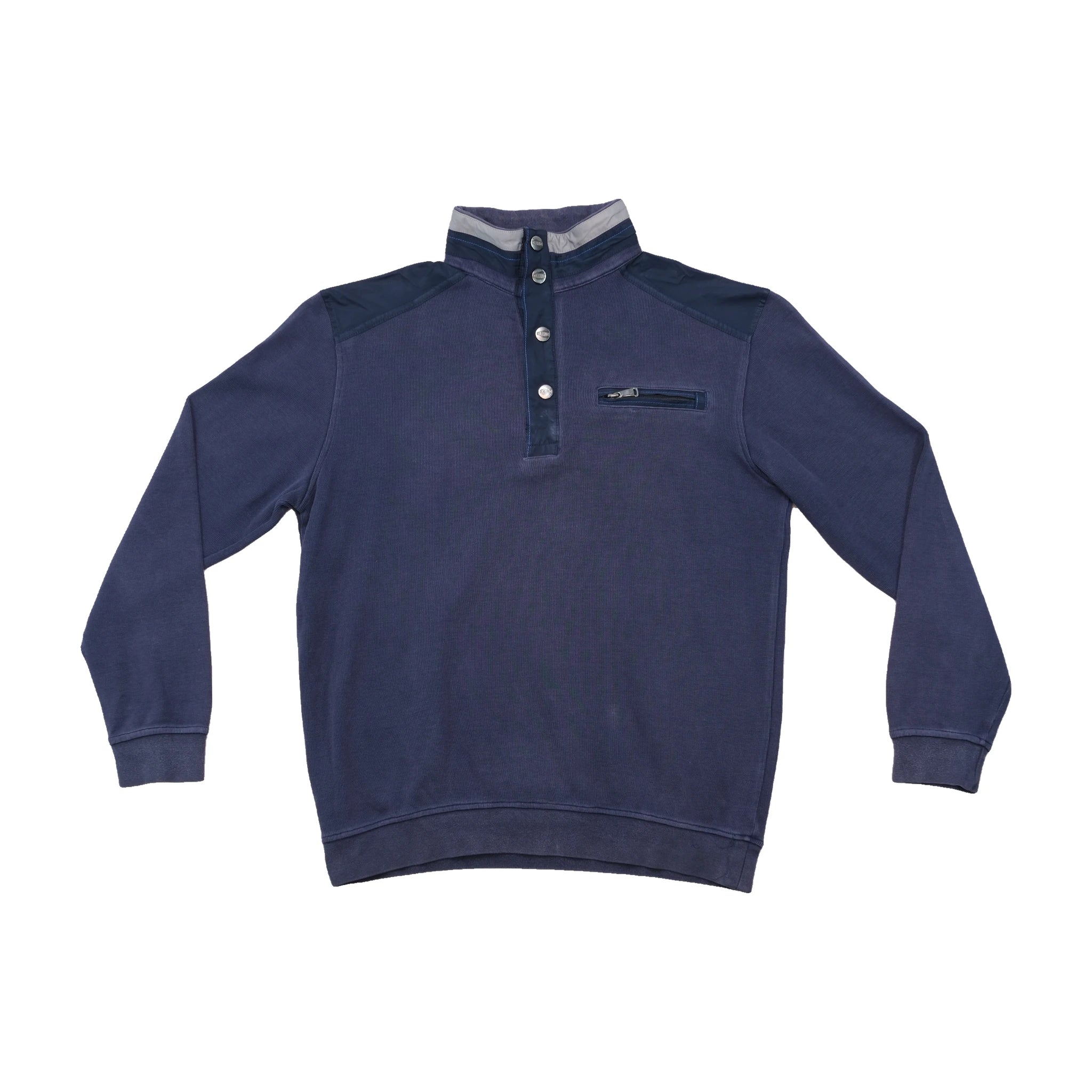 Delahaye Vintage Navy Half Button Mock Neck Sweater