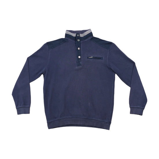 Delahaye Vintage Navy Half Button Mock Neck Sweater