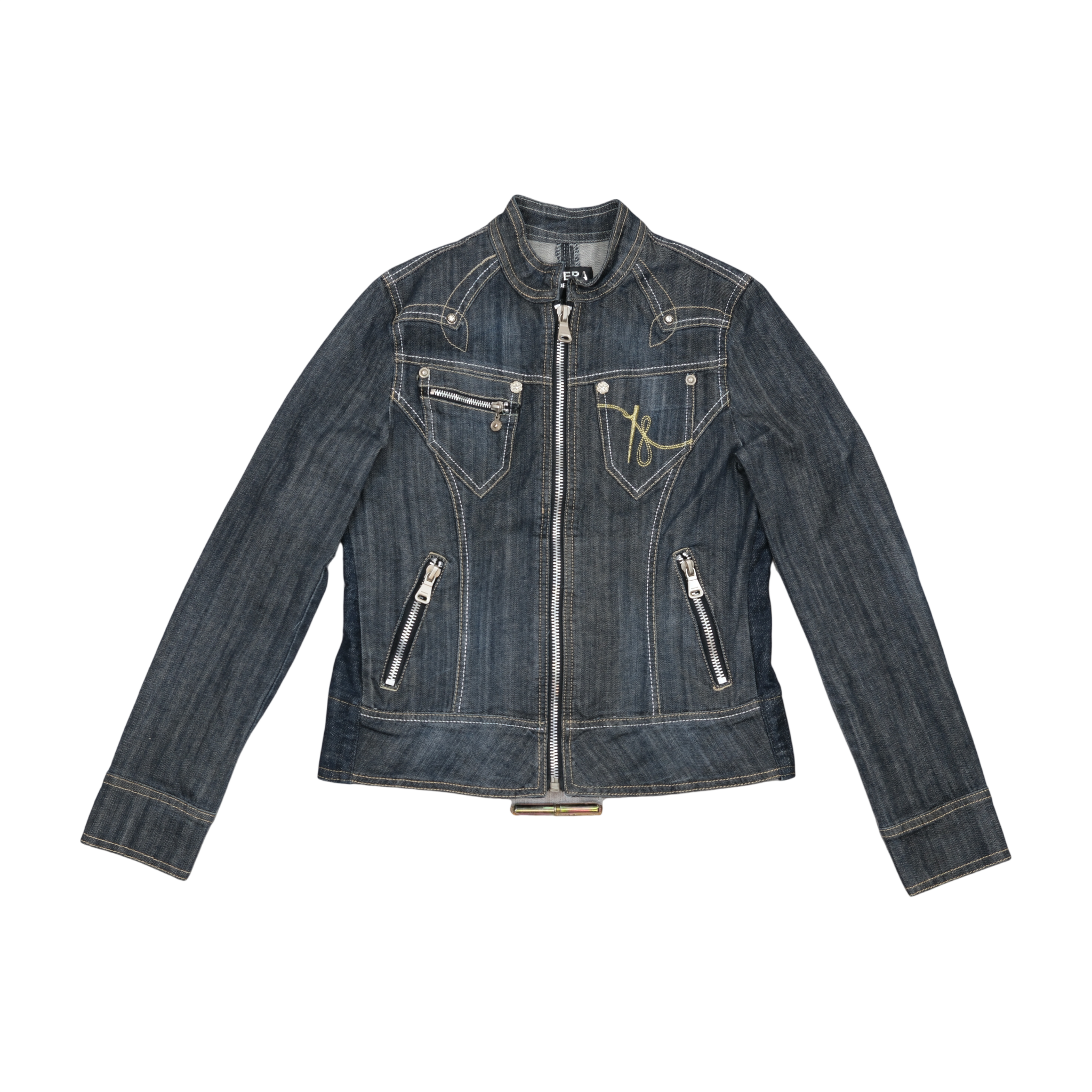 EDERA Jeans Dark Wash Zip-Up Denim Jacket with Gold Embroidery
