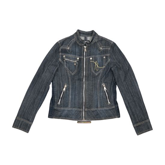 EDERA Jeans Dark Wash Zip-Up Denim Jacket with Gold Embroidery