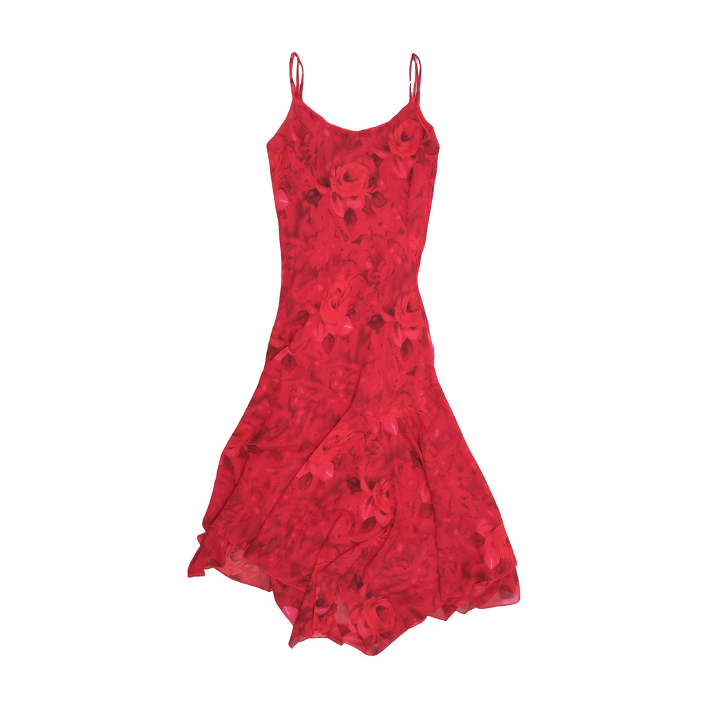 Asymmetrical Ruffled Hem Rose Floral Print Chiffon Slip Dress