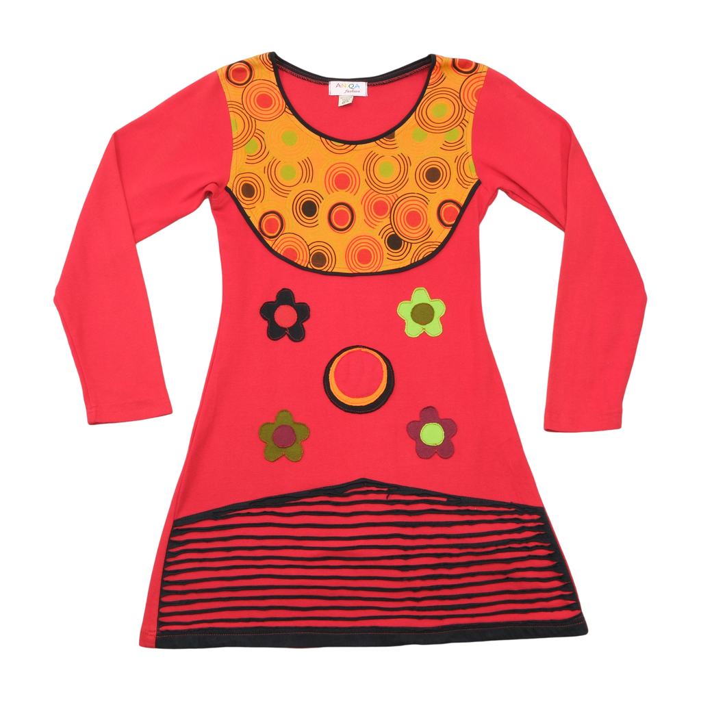 ANQA Fashion Vintage Red Retro Appliqué Long Sleeve Dress