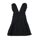 Miss Sixty Pinstripe Pleated Sleeveless Belted V-Neck Dress