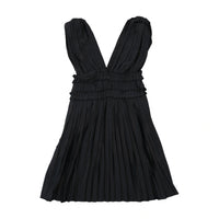 Miss Sixty Pinstripe Pleated Sleeveless Belted V-Neck Dress