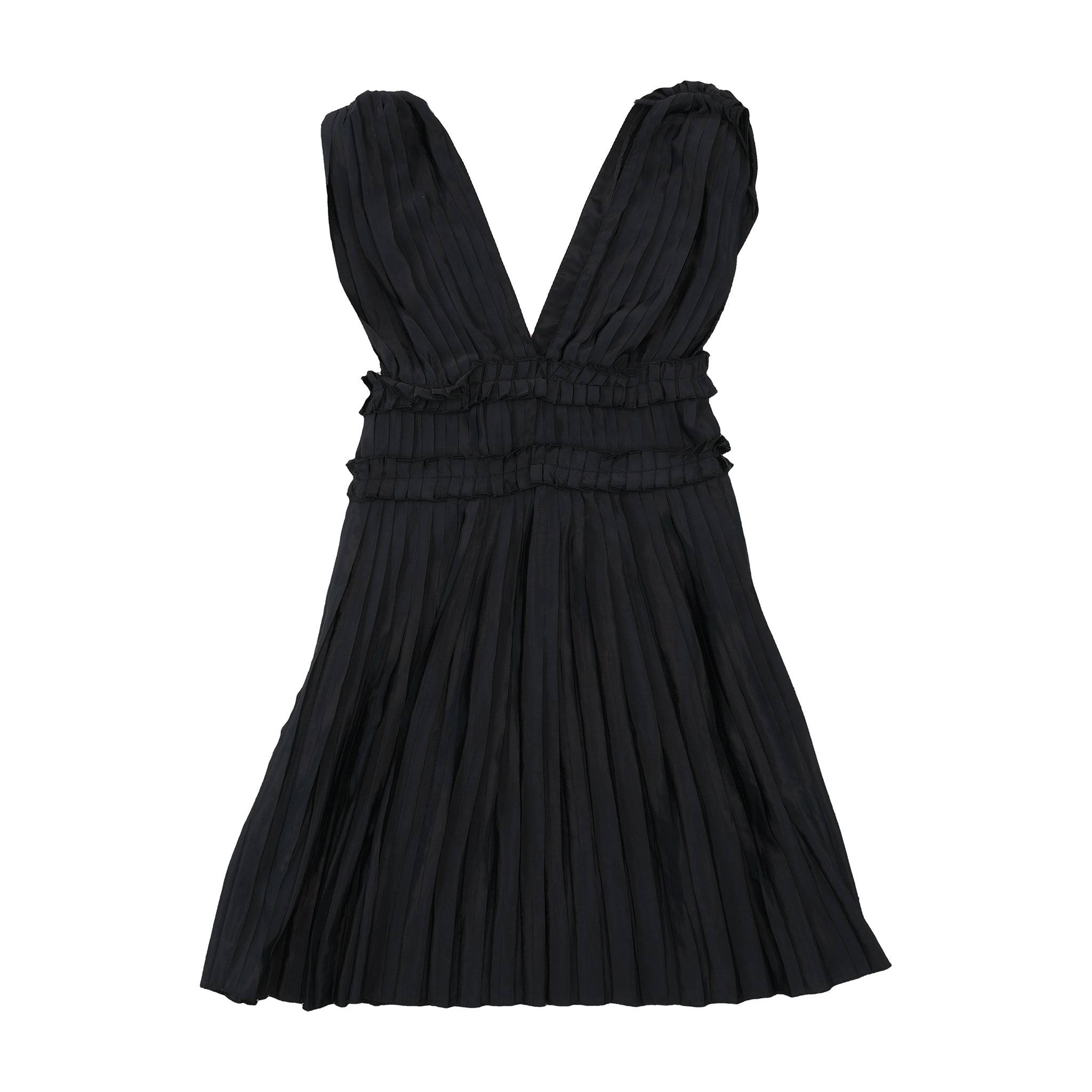 Miss Sixty Pinstripe Pleated Sleeveless Belted V-Neck Dress