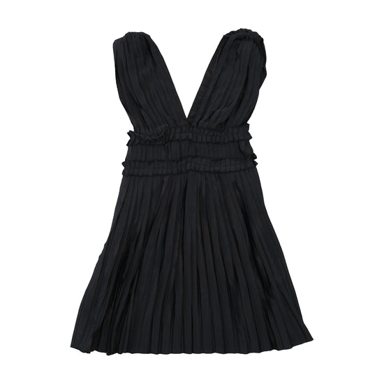 Miss Sixty Pinstripe Pleated Sleeveless Belted V-Neck Dress