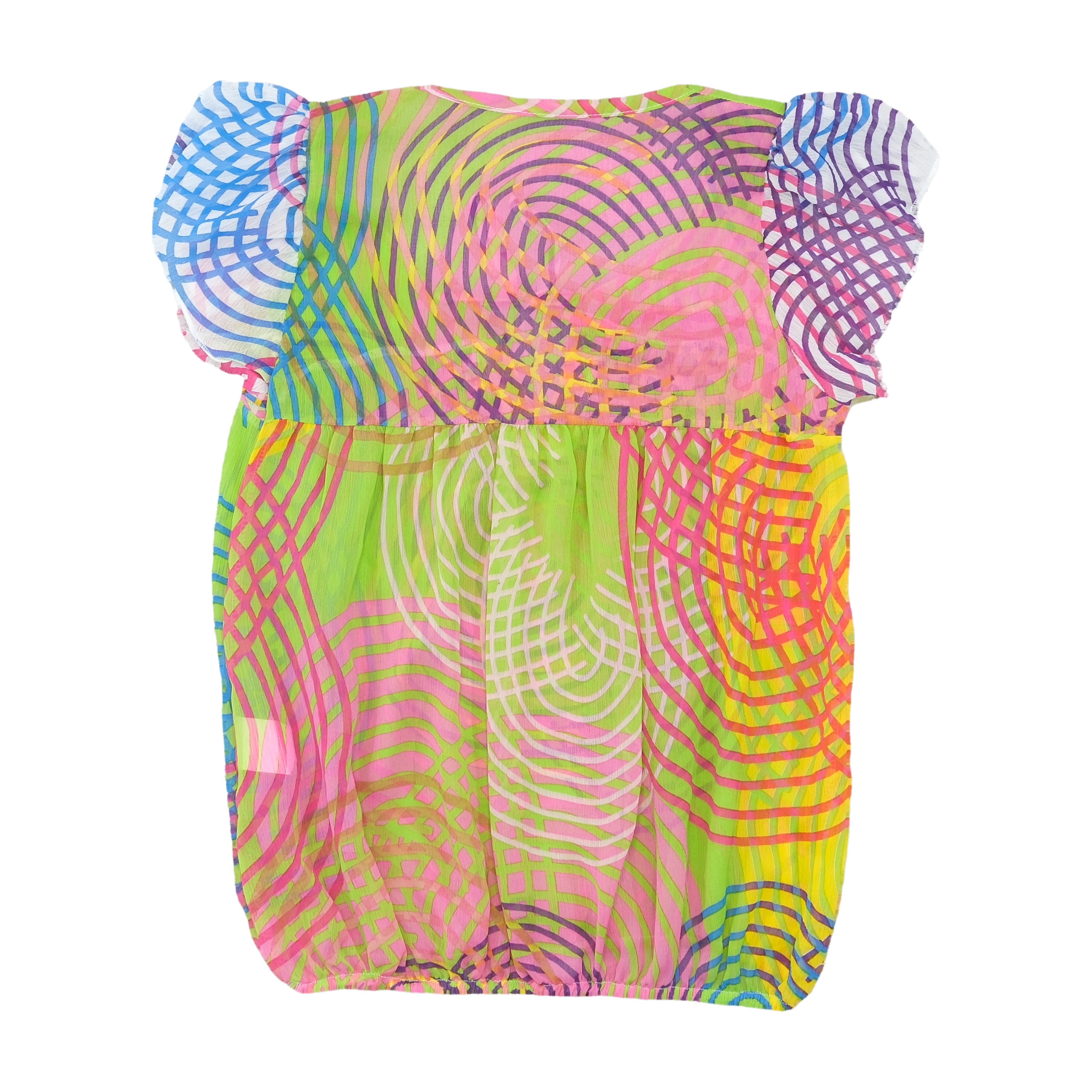 Vintage Abstract Neon Print Tie Neck Blouse