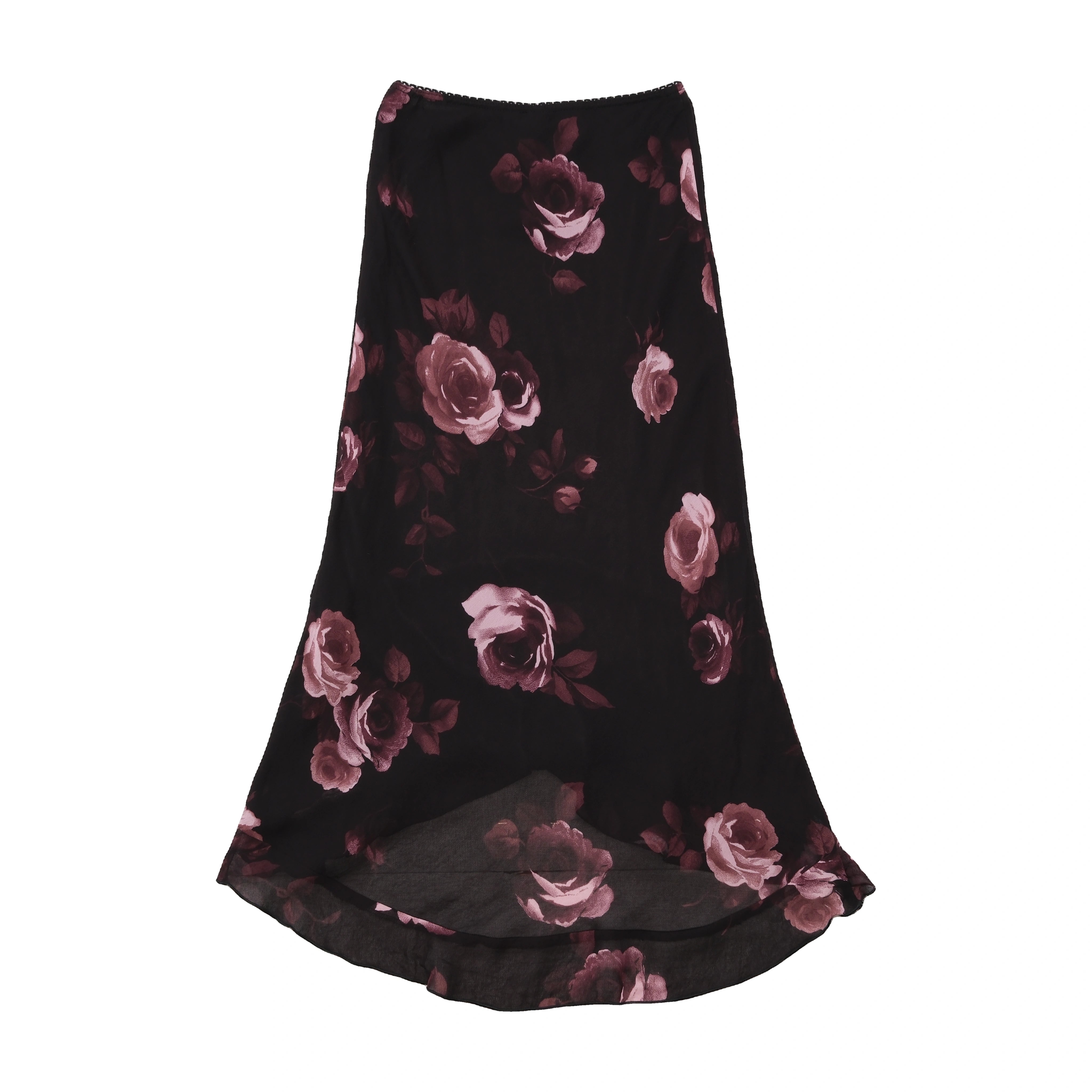 Pink Rose Floral Sheer Overlay Midi Skirt