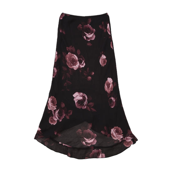 Pink Rose Floral Sheer Overlay Midi Skirt