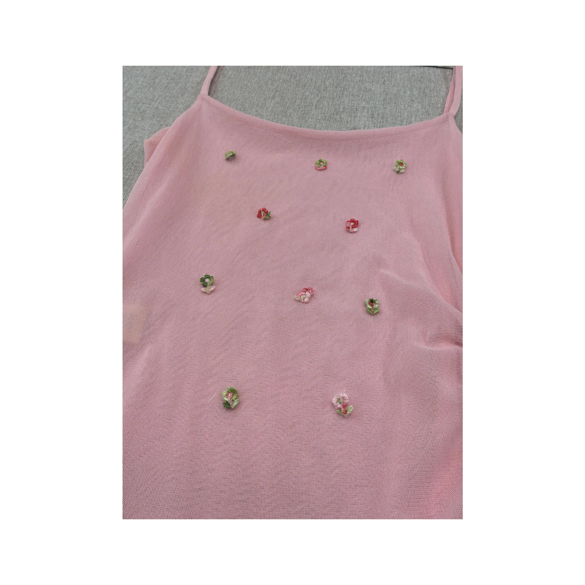 Top de alças Transparente rosa em Rede com Bordado floral