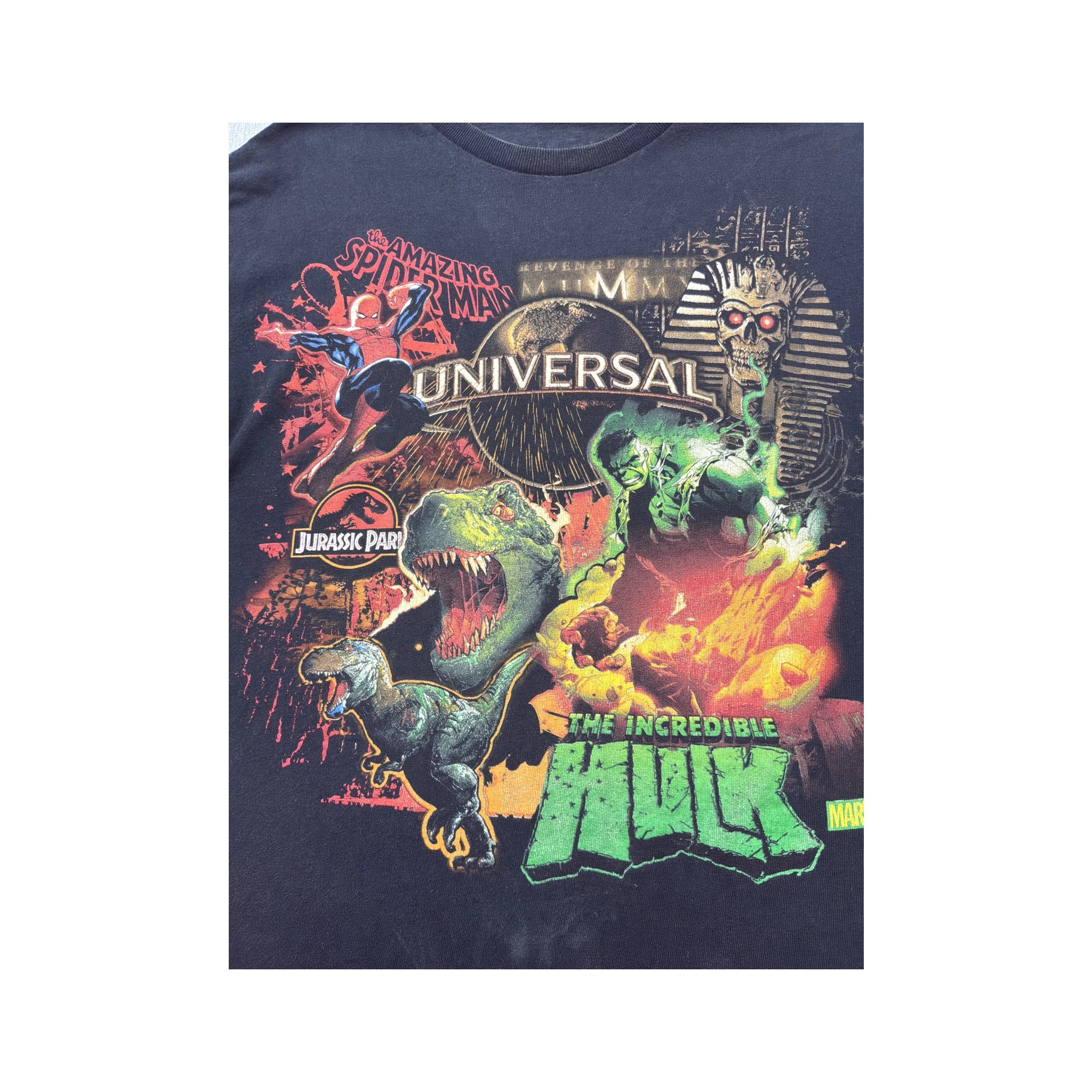 T-shirt Universal Studios com estampado de Spider-Man, Jurassic Park e Hulk
