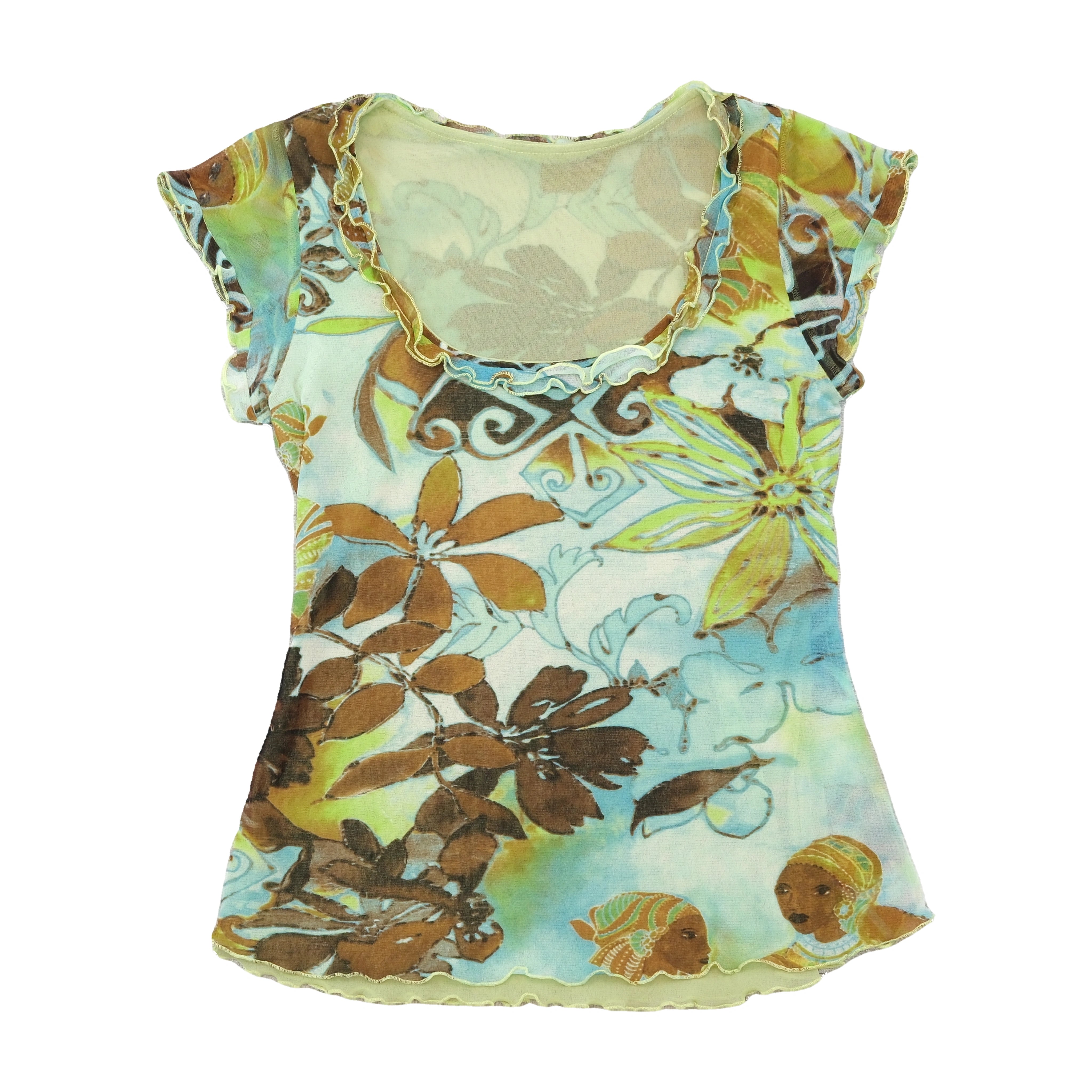 T-shirt Transparente em Rede floral com Acabamento de Folhos