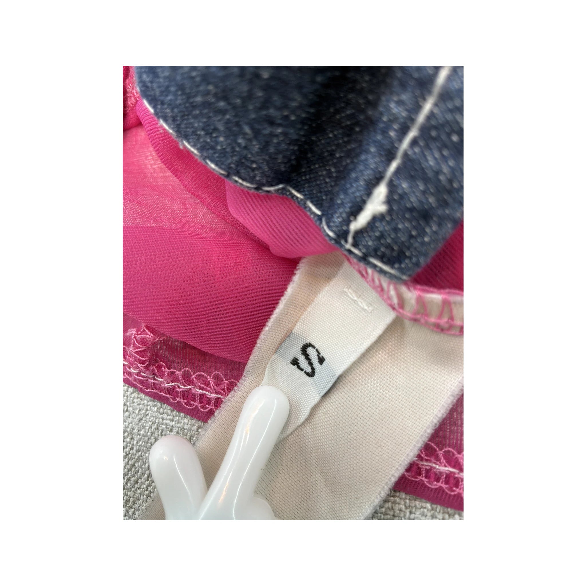 Babe Sheer Pink Mesh Button Up Shirt with Denim Trim